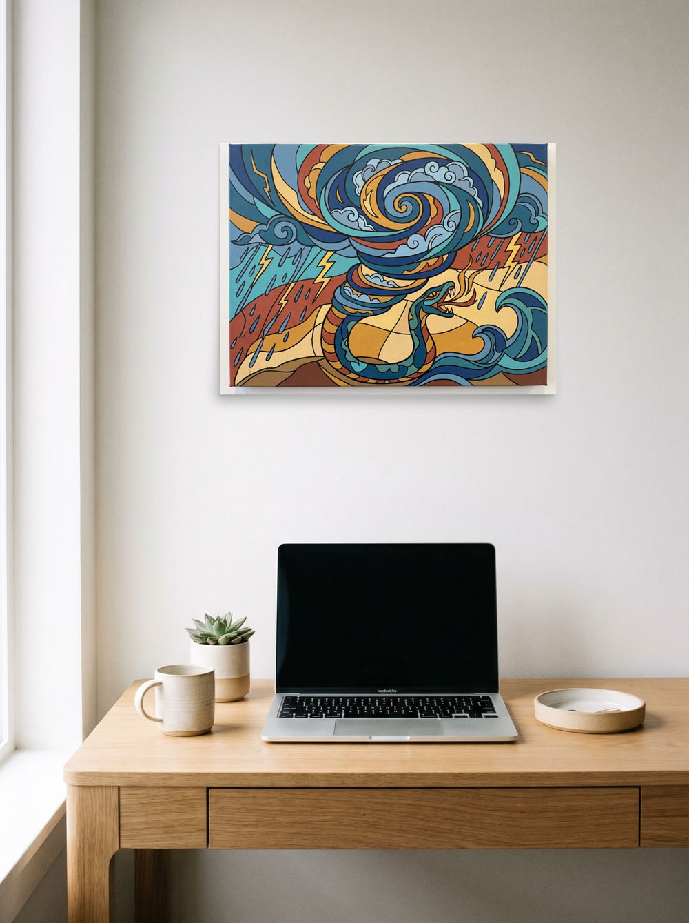 'Quetzalcoatl's Tempest' displayed over a compact desk setup, printed as unframed paper at 24x18 inch.
