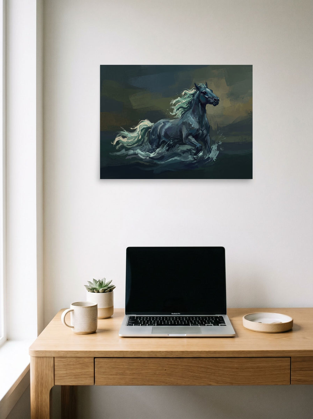 'Kelpie of the Dark Loch' hanging above a worktable with a laptop. A 24x18 inch unframed paper Symbolism print.