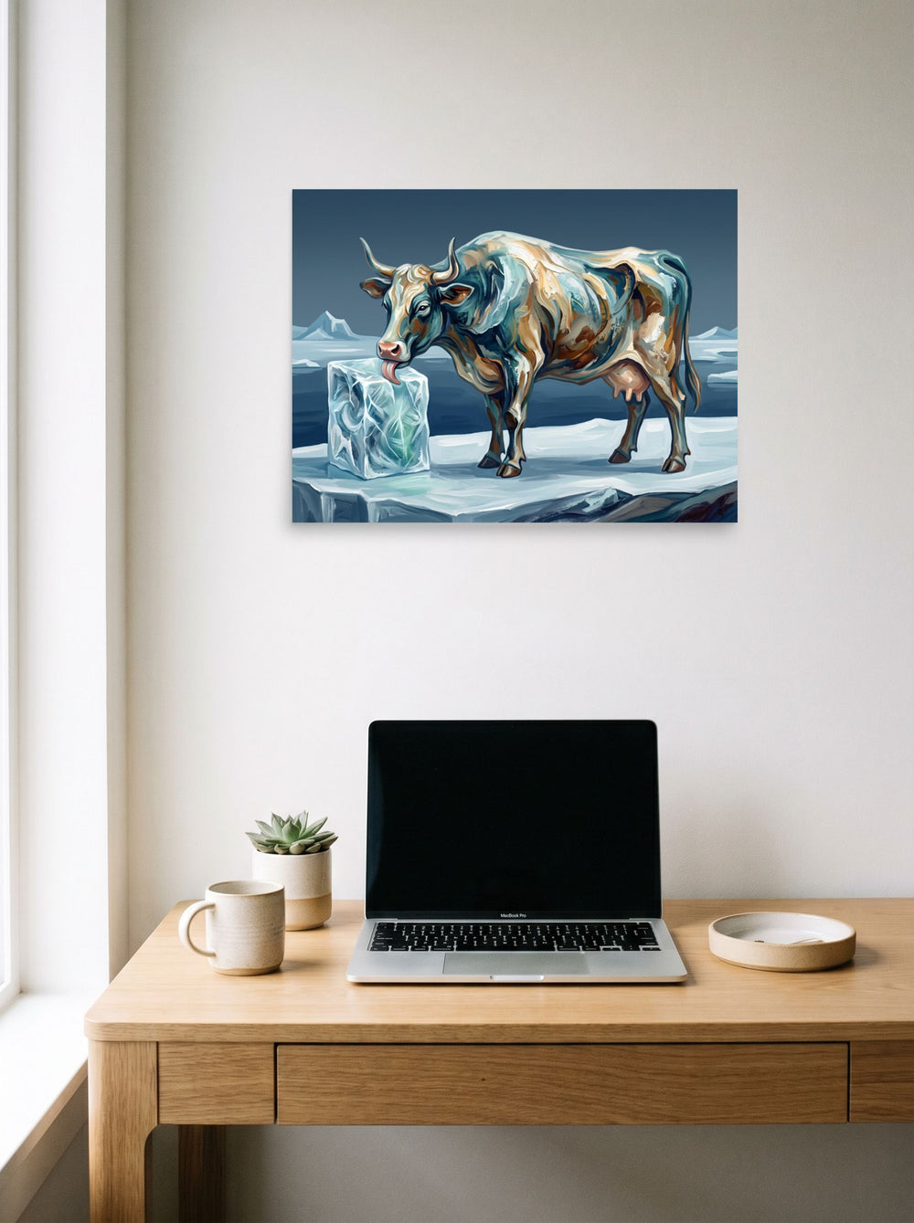 24x18 inch unframed paper print of 'Primeval Audhumla', hanging above a worktable with a laptop.