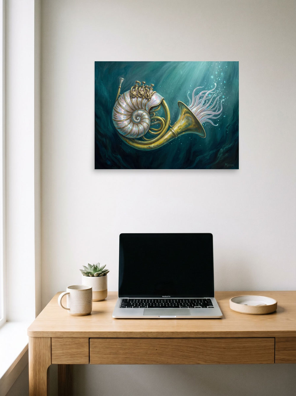 unframed paper wall art 'Nautilus in Brass' styled above a home-office workspace, at 24x18 inch.