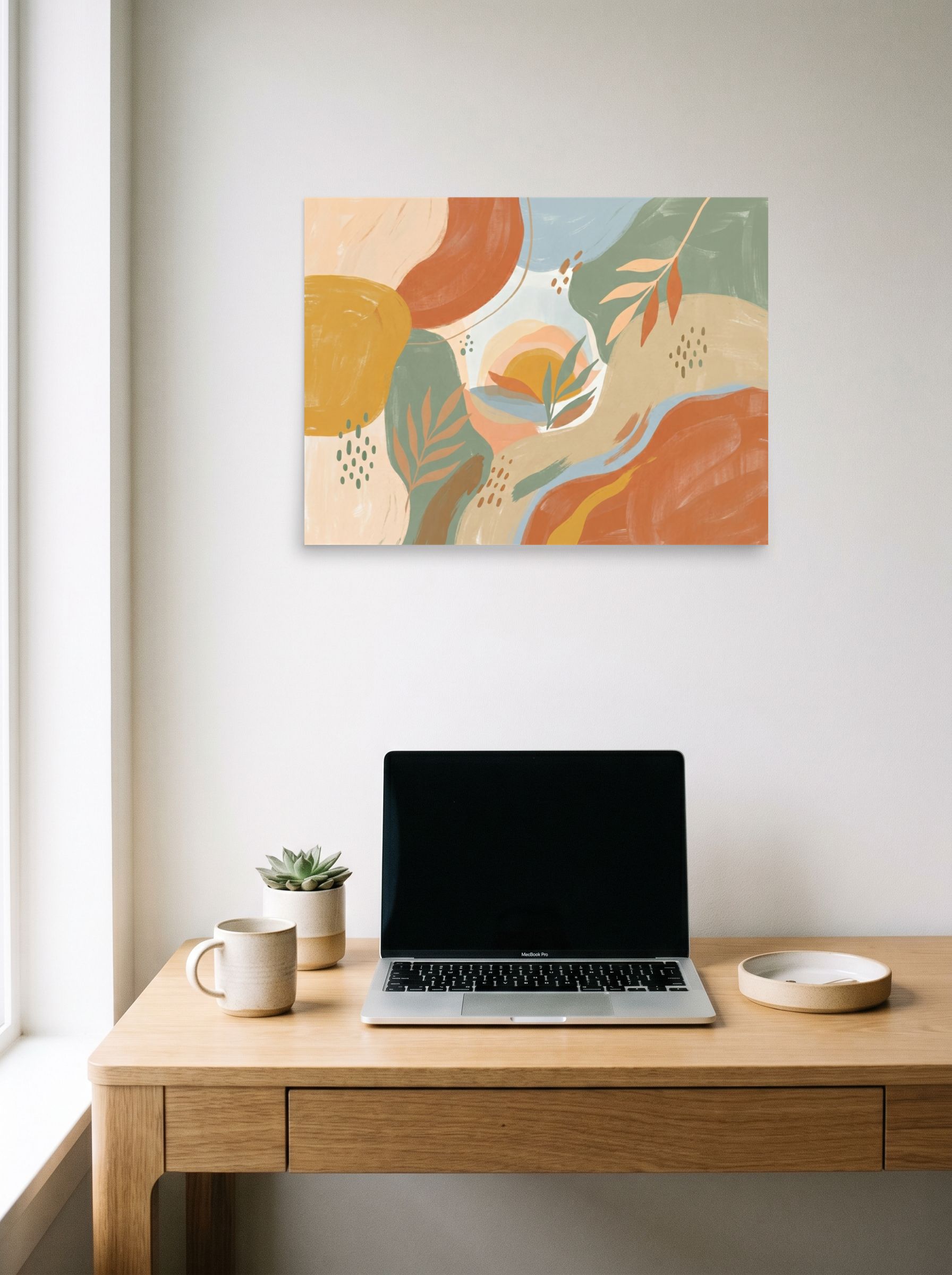 A 24x18 inch unframed paper Abstract expressionism,Minimalism print of 'Painted Sunset Oasis' hanging above a worktable with a laptop.