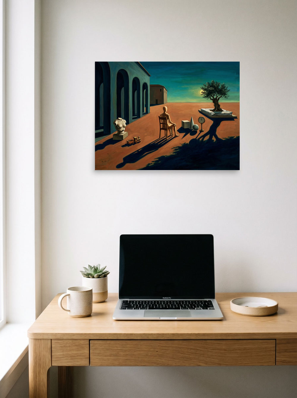 A 24x18 inch unframed paper Metaphysical painting print of 'The Silent Observer's Horizon' hanging above a worktable with a laptop.