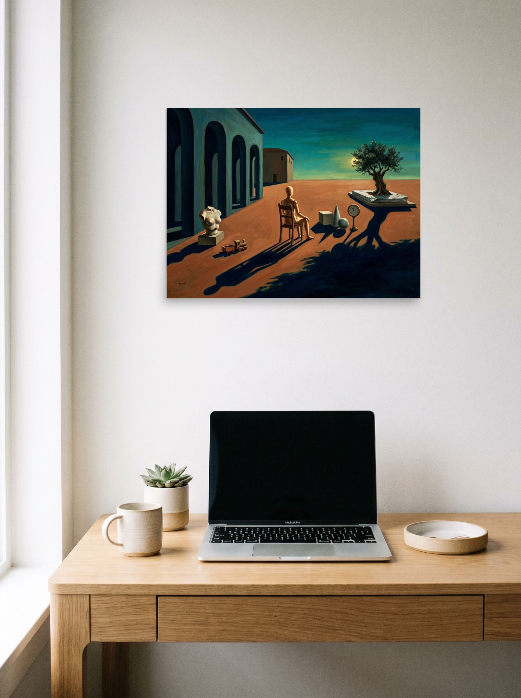 A 24x18 inch unframed paper Metaphysical painting print of 'The Silent Observer's Horizon' hanging above a worktable with a laptop.