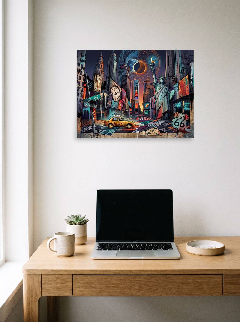 See 'The Eclipse over 5th Avenue' as a unframed paper print (24x18 inch), hanging above a worktable with a laptop.