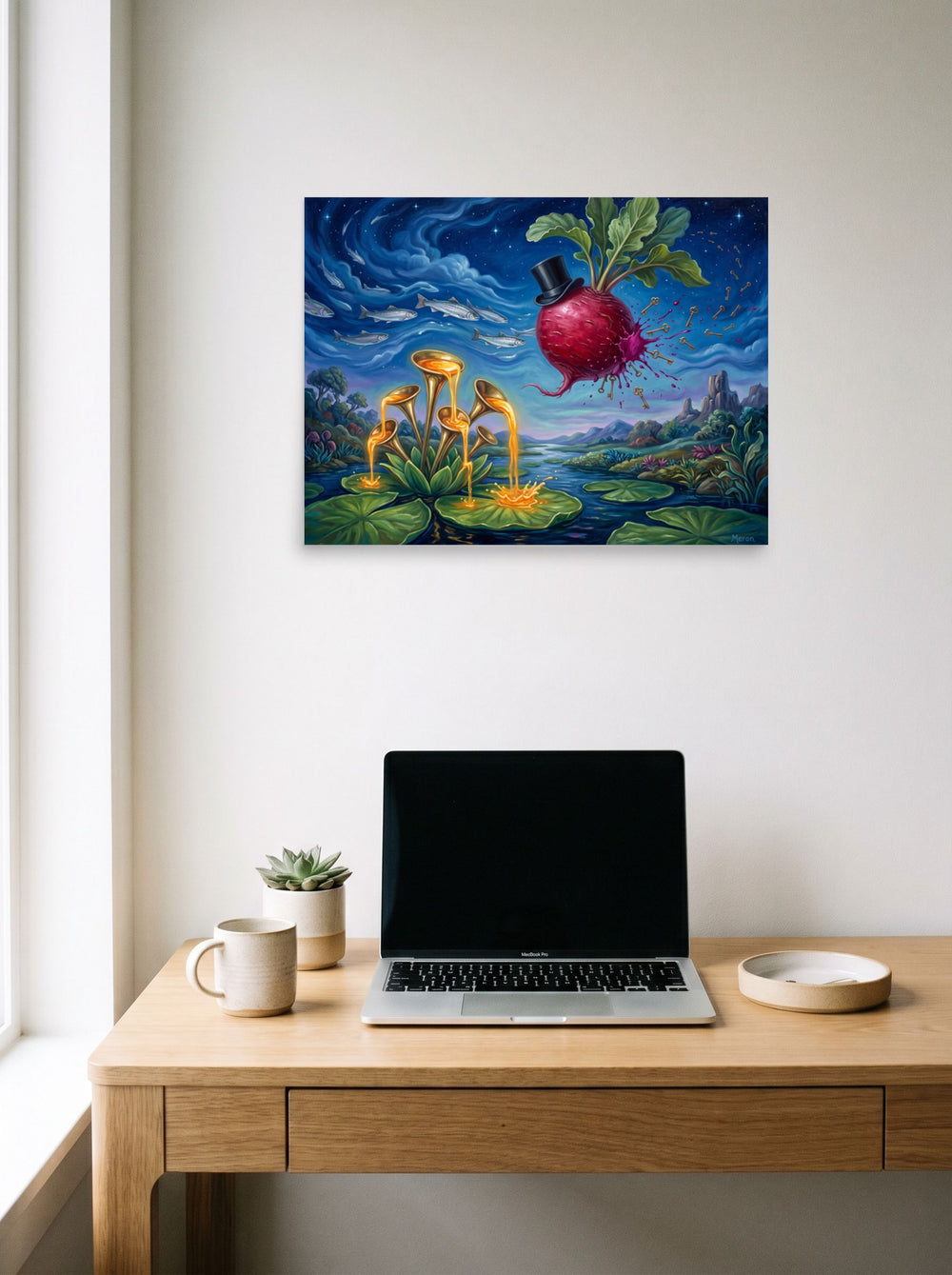 'The Keyholder Radish' styled above a home-office workspace, printed as unframed paper at 24x18 inch.