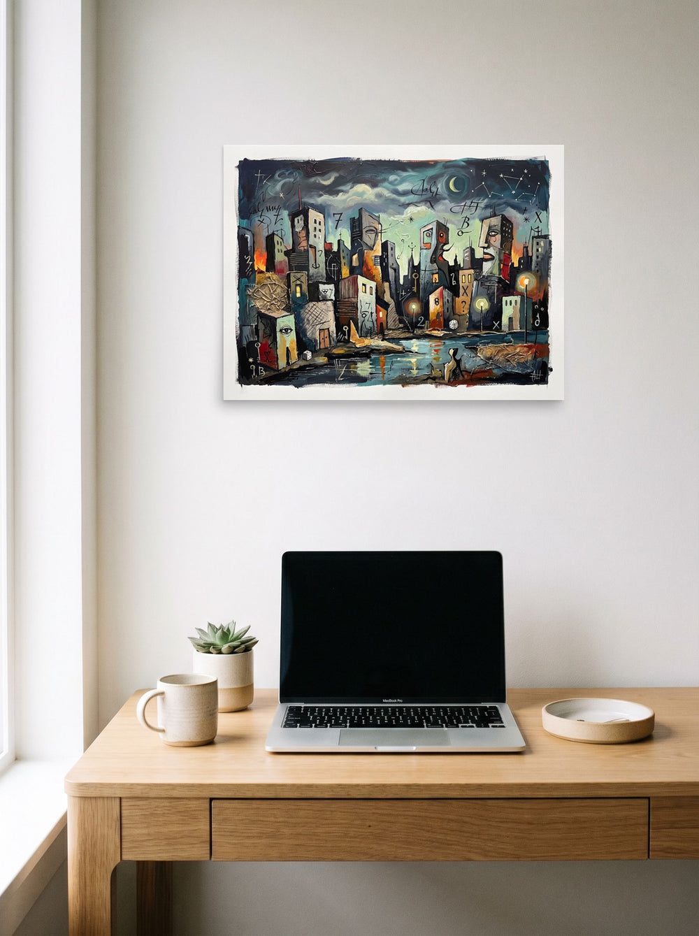 A 24x18 inch unframed paper Dau-al-Set print of 'Faces of the Harbor', hanging above a worktable with a laptop.