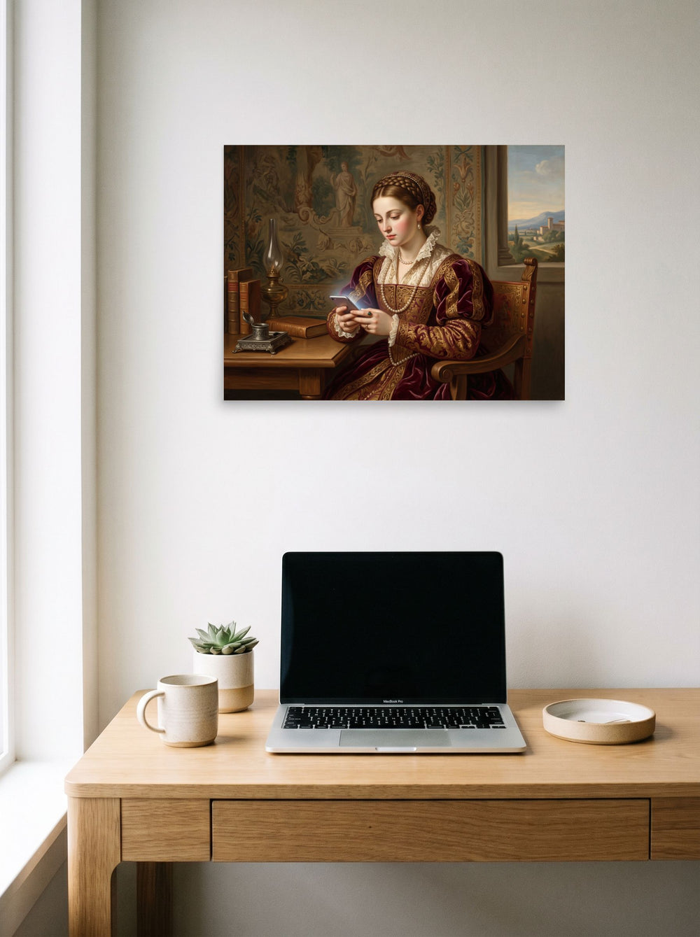 A unframed paper print of the Renaissance artwork 'The Digital Epistle', styled above a home-office workspace.