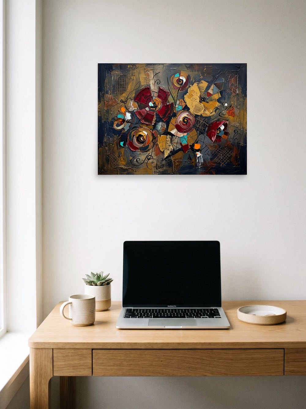 A unframed paper print of the Dau-al-Set artwork 'Geometric Blooms', styled above a home-office workspace.