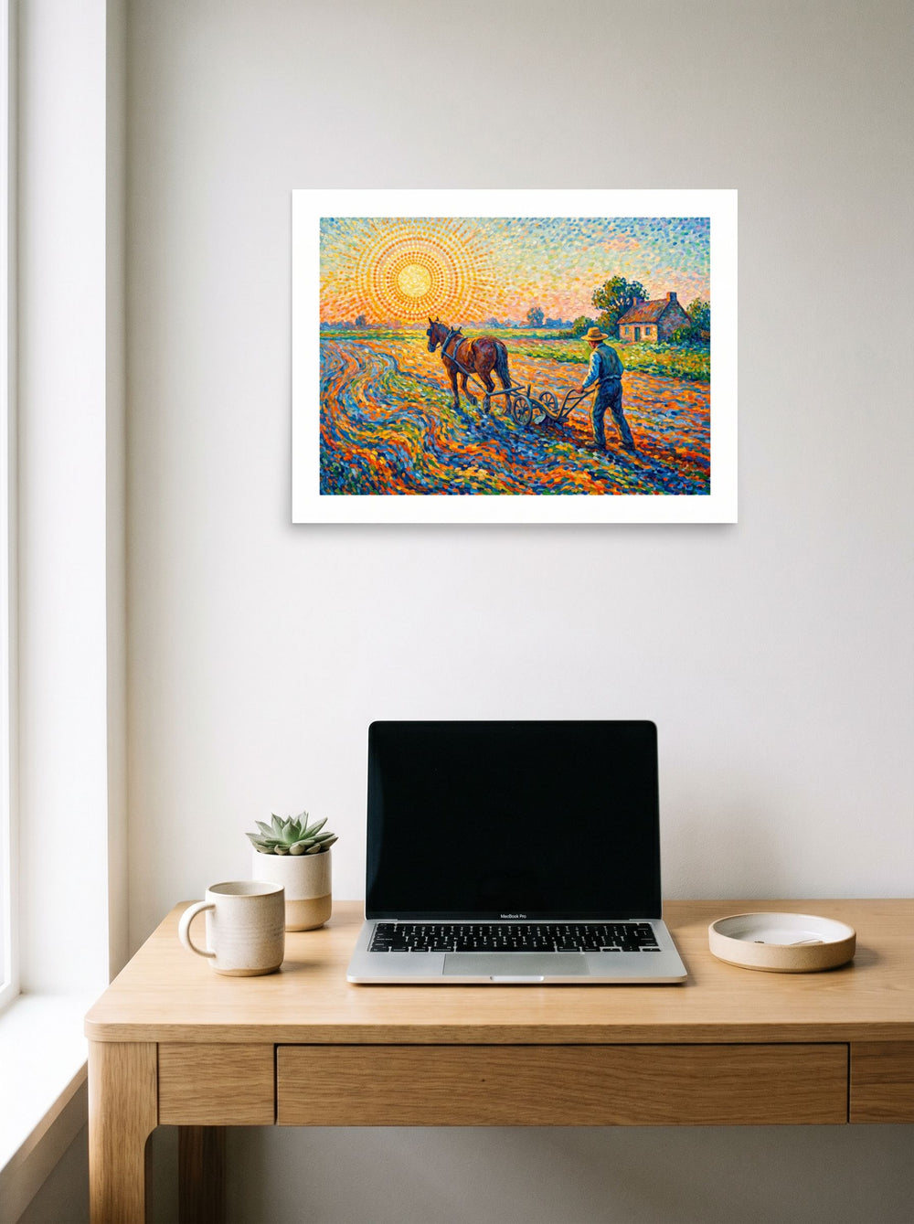 A 24x18 inch unframed paper version of 'The Radiant Field', Pointillism wall art, styled above a home-office workspace.