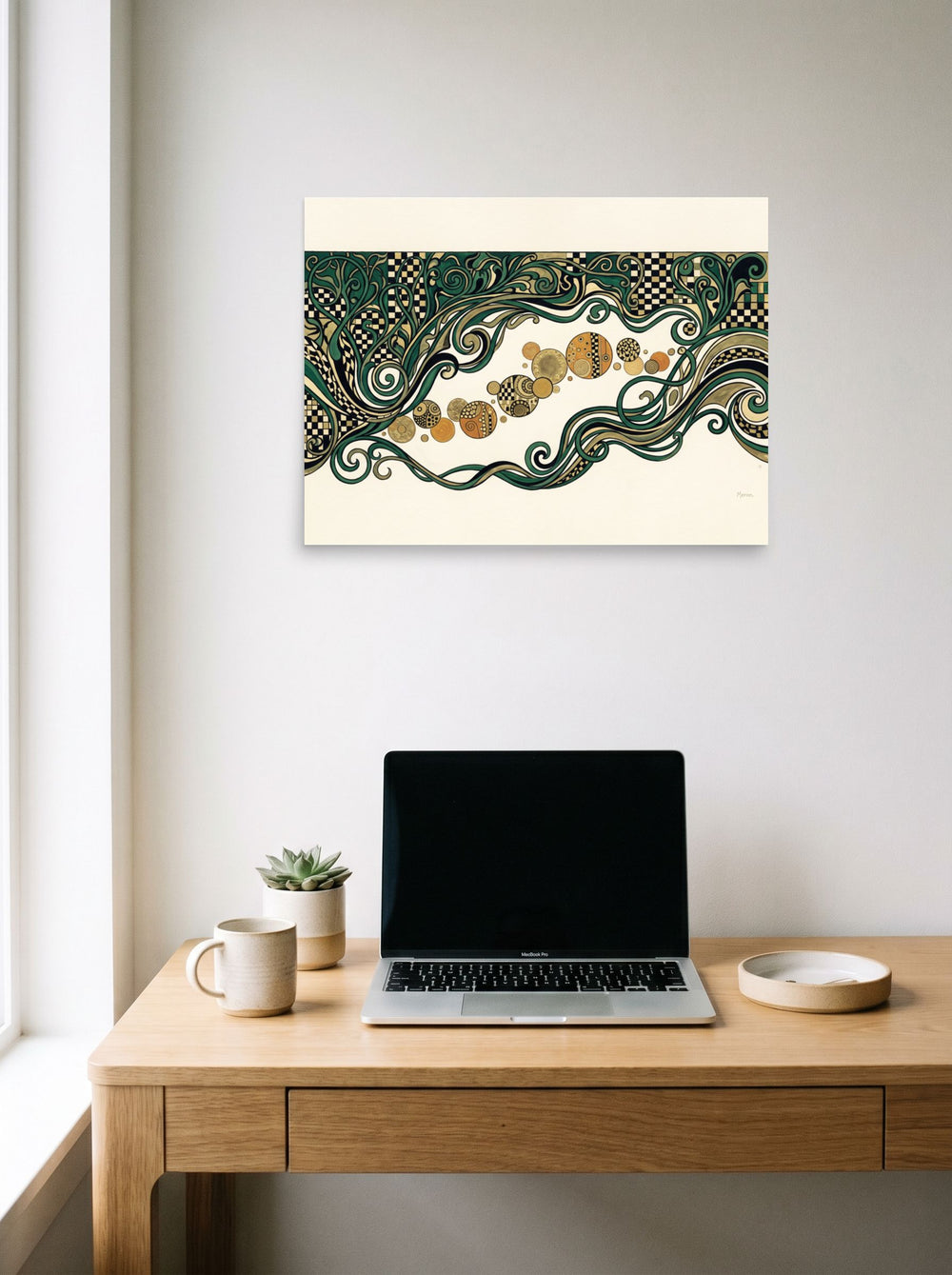 Mockup of 'The Golden Frieze' as a 24x18 inch unframed paper print, displayed over a compact desk setup.