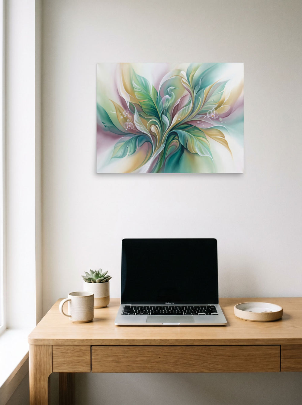 A 24x18 inch unframed paper Surrealism print of 'Emerald Sanctuary' hanging above a worktable with a laptop.