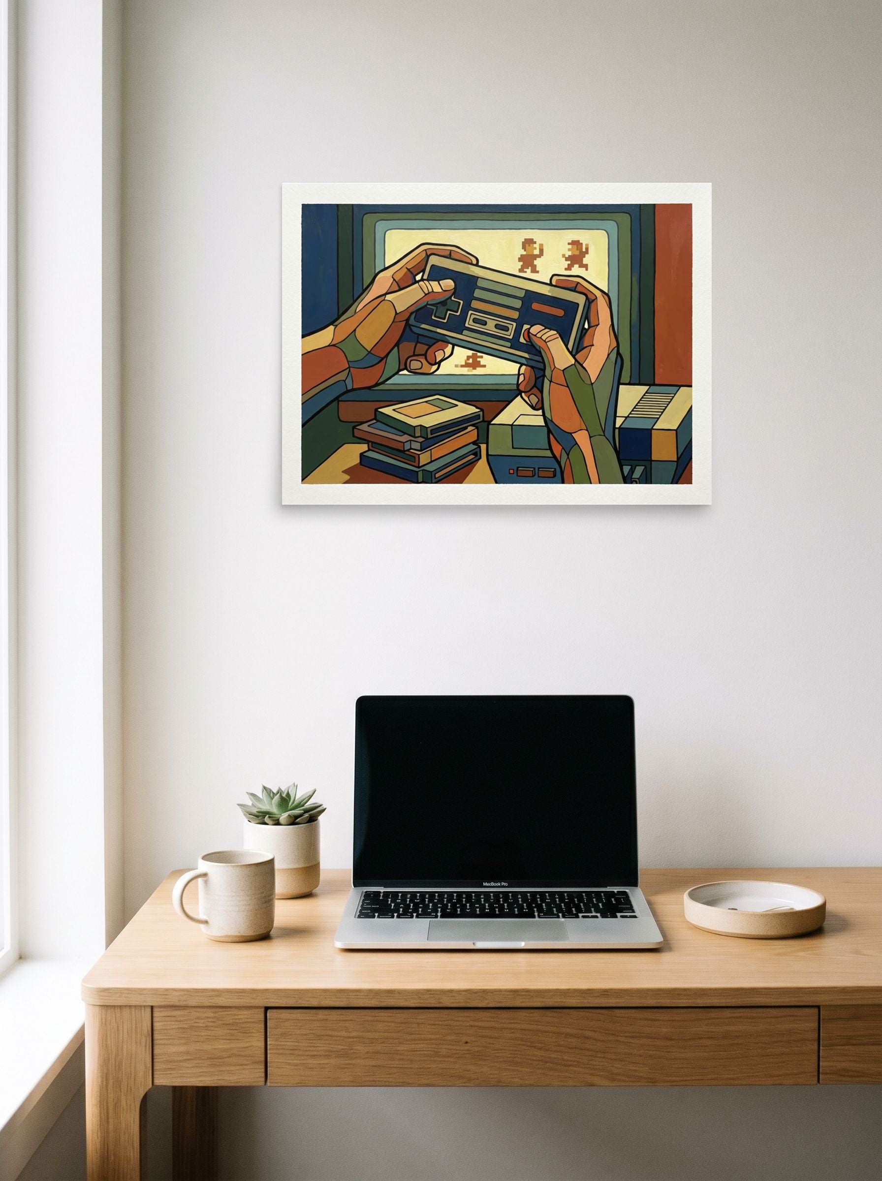 A 24x18 inch unframed paper Cloisonnism,Pop art print of '8-Bit Nostalgia' hanging above a worktable with a laptop.