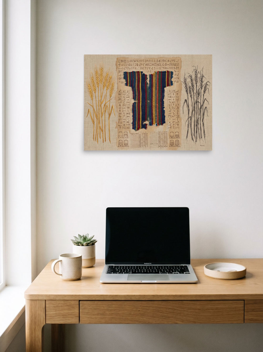 Mockup of 'The Weaver's Ledger' as a 24x18 inch unframed paper print, displayed over a compact desk setup.