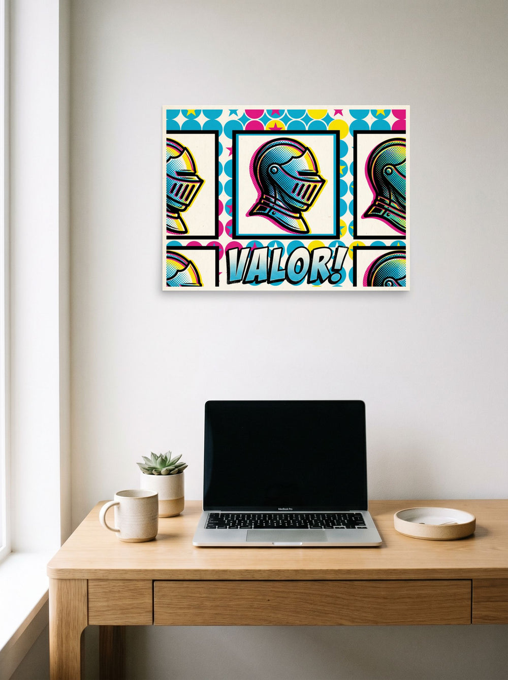 A 24x18 inch unframed paper Pop art print of 'Pop Art Valor' hanging above a worktable with a laptop.