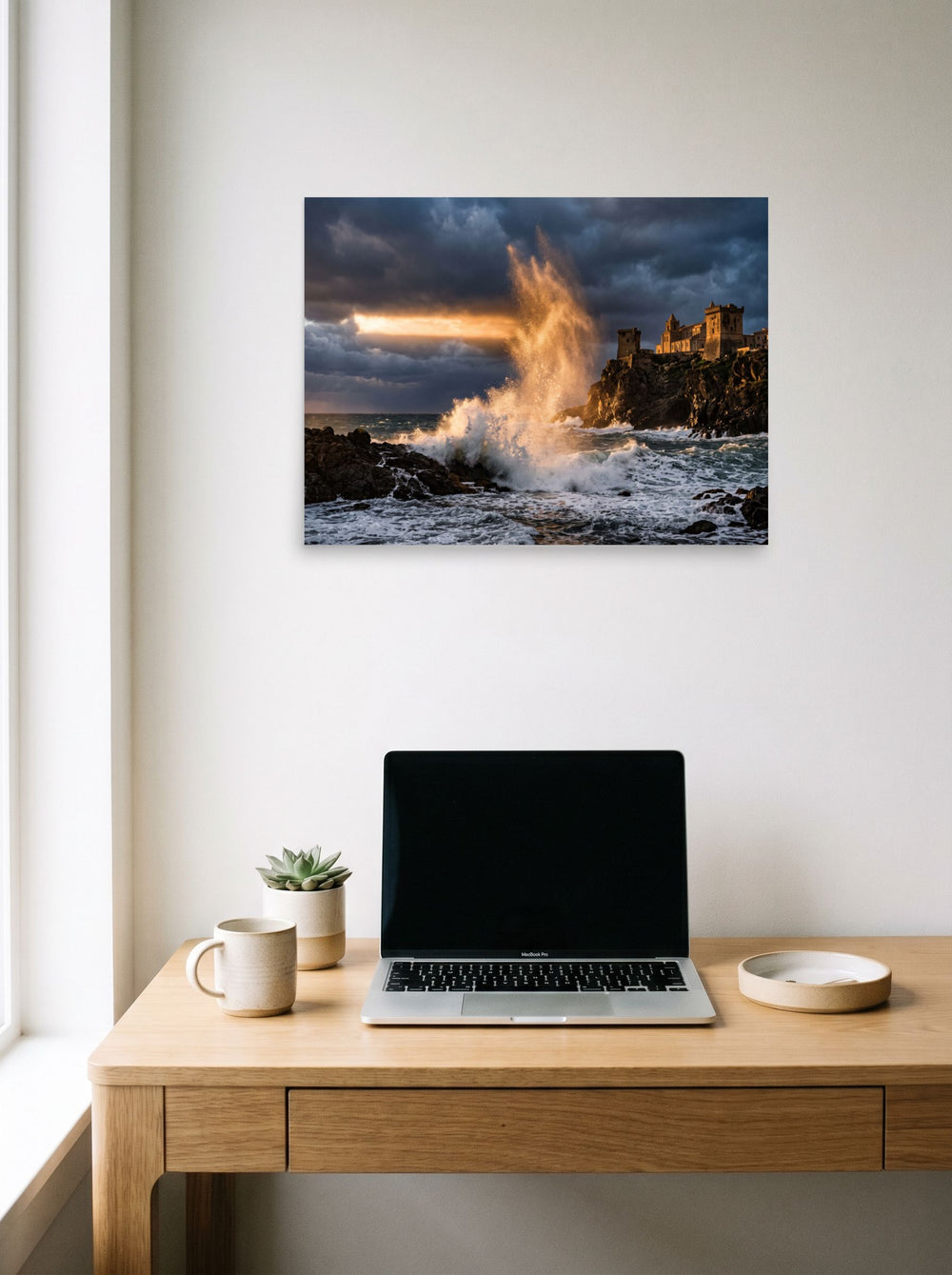 'Citadel of the Waves' styled above a home-office workspace, printed as unframed paper at 24x18 inch.