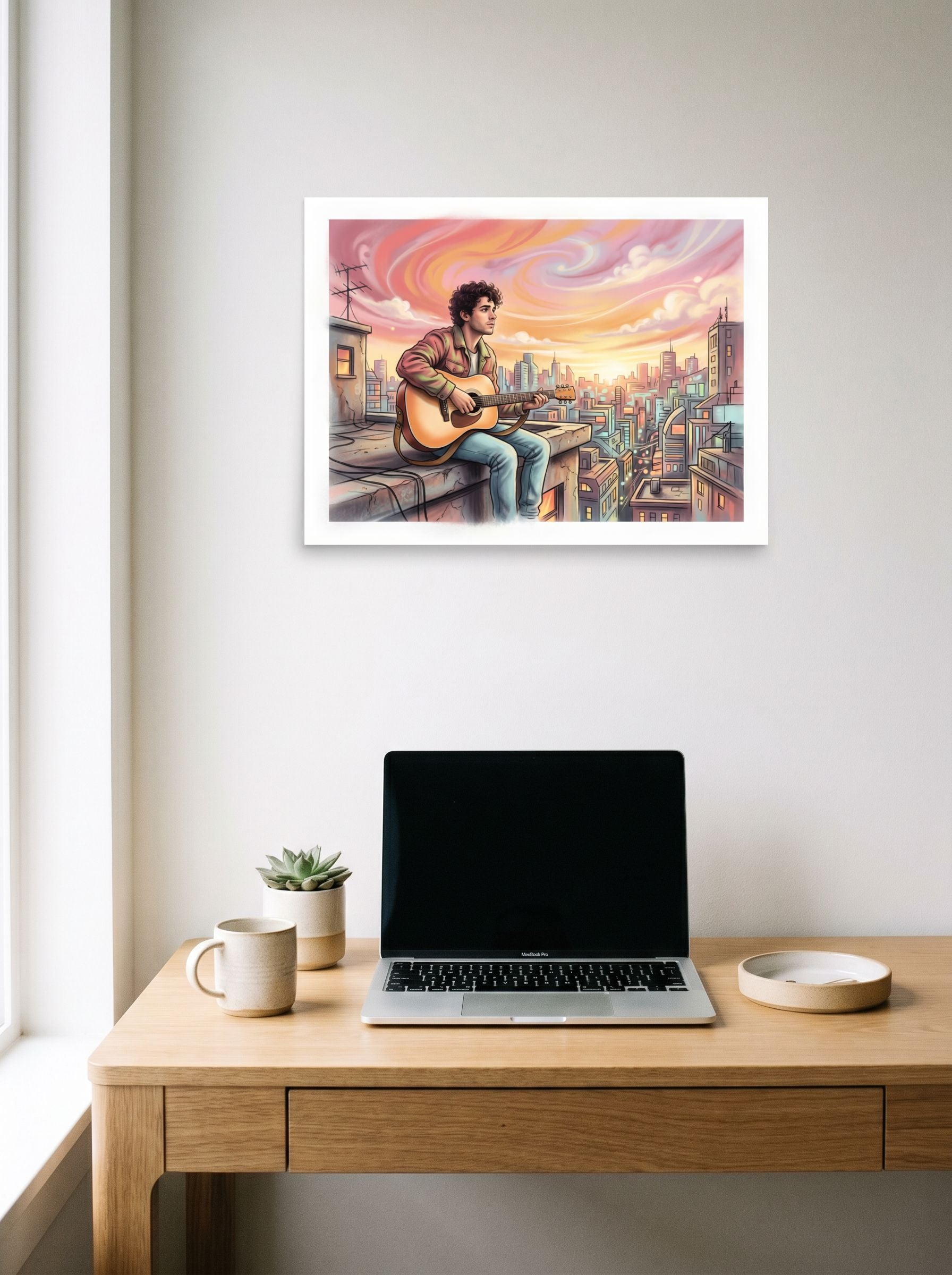 A 24x18 inch unframed paper American Scene Painting print of 'Rooftop Rhythms' hanging above a worktable with a laptop.