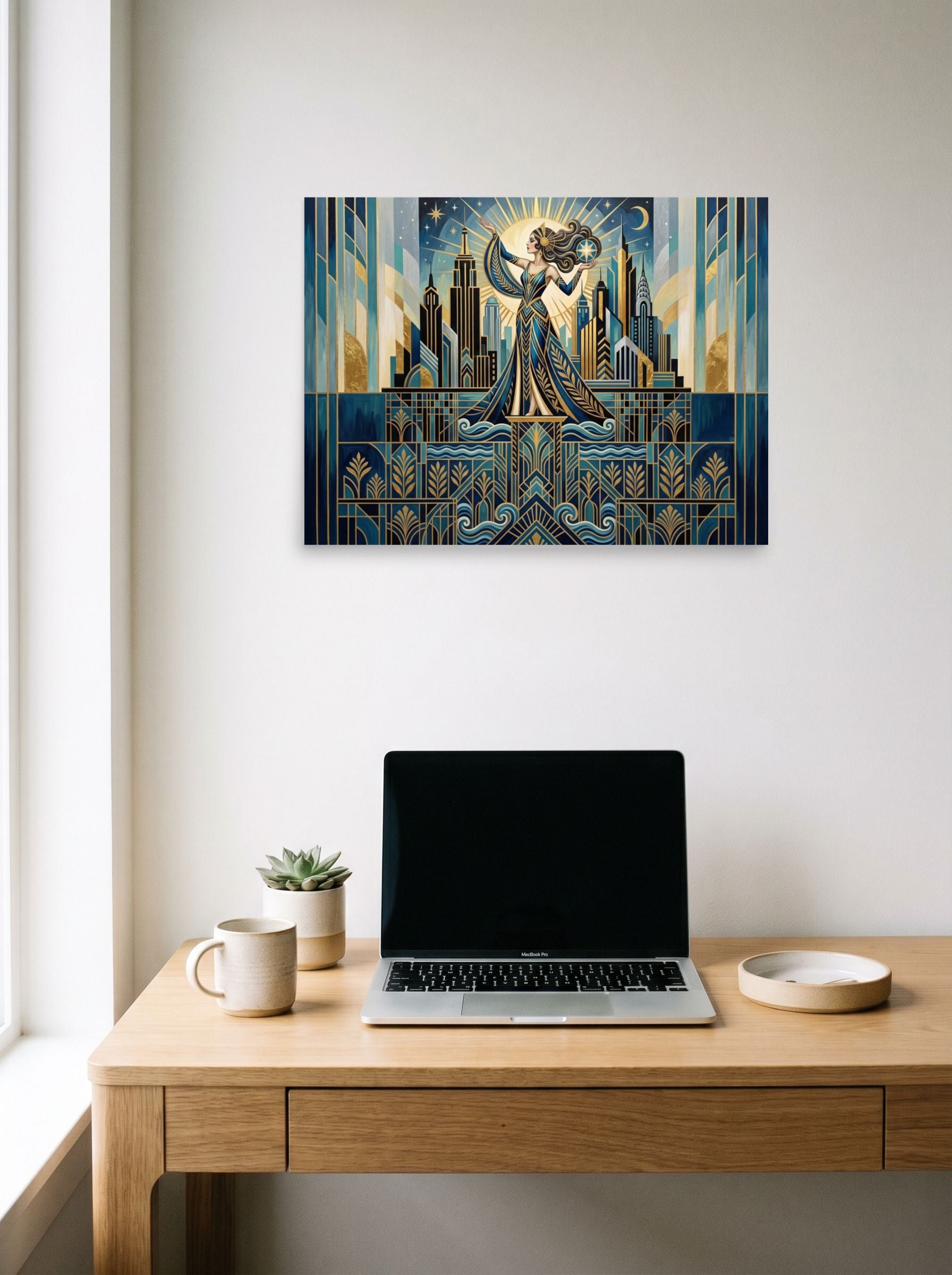 A 24x18 inch unframed paper Art Deco print of 'Golden Metropolis' hanging above a worktable with a laptop.