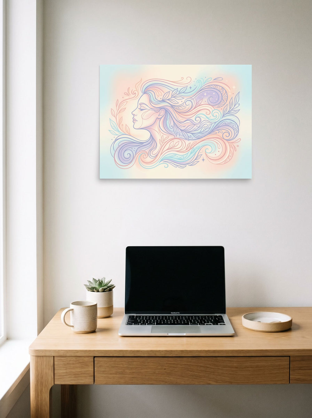 A 24x18 inch unframed paper Arabesque,Figurative art print of 'Zephyr's Embrace' hanging above a worktable with a laptop.