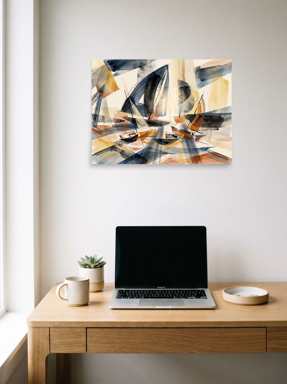Dau-al-Set wall art 'Harbor Washes', unframed paper at 24x18 inch, displayed over a compact desk setup.