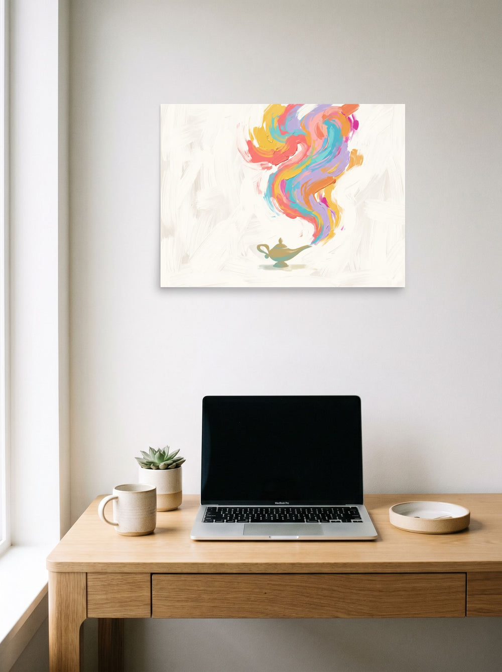 unframed paper wall art 'Genie's Release' displayed over a compact desk setup, at 24x18 inch.