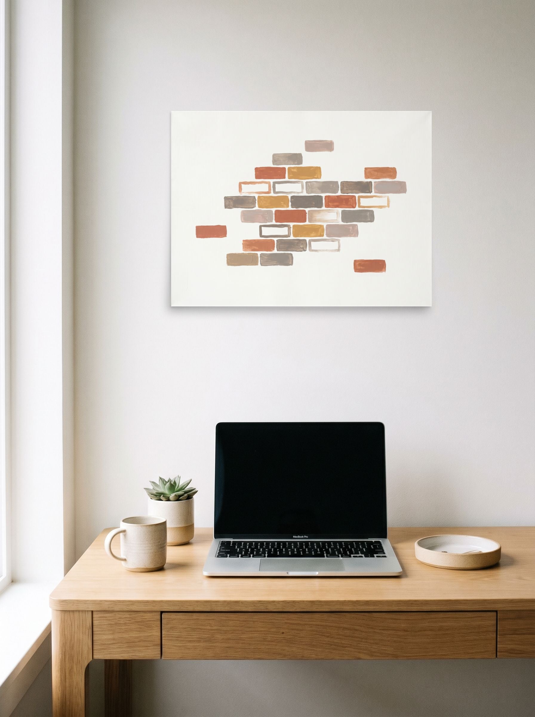 A 24x18 inch unframed paper Minimalism,Geometric abstract art print of 'Floating Foundations' hanging above a worktable with a laptop.