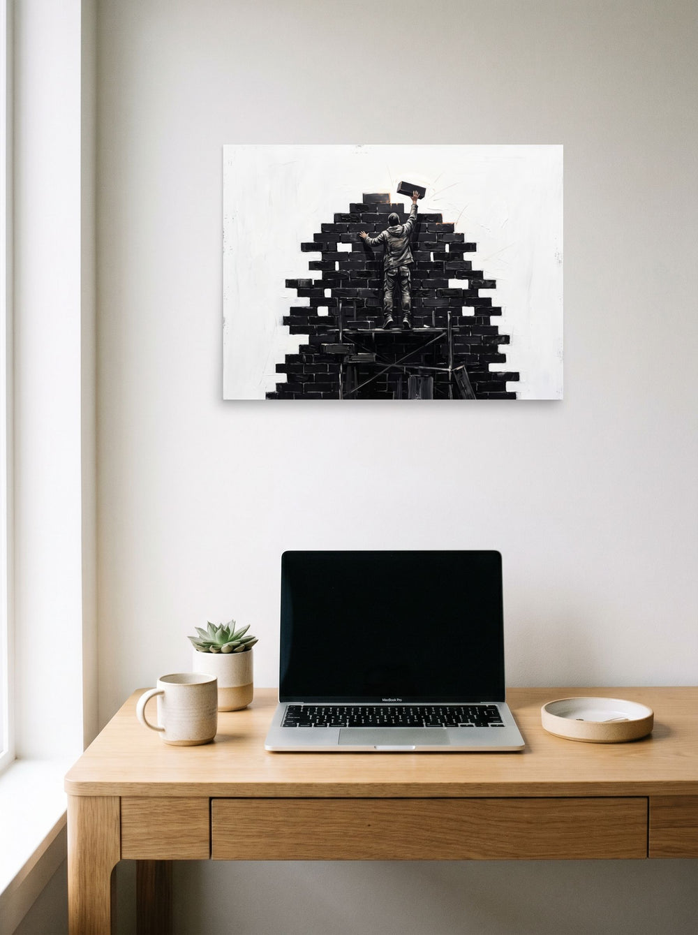 'Brick by Brick' styled above a home-office workspace. A 24x18 inch unframed paper Street art print.