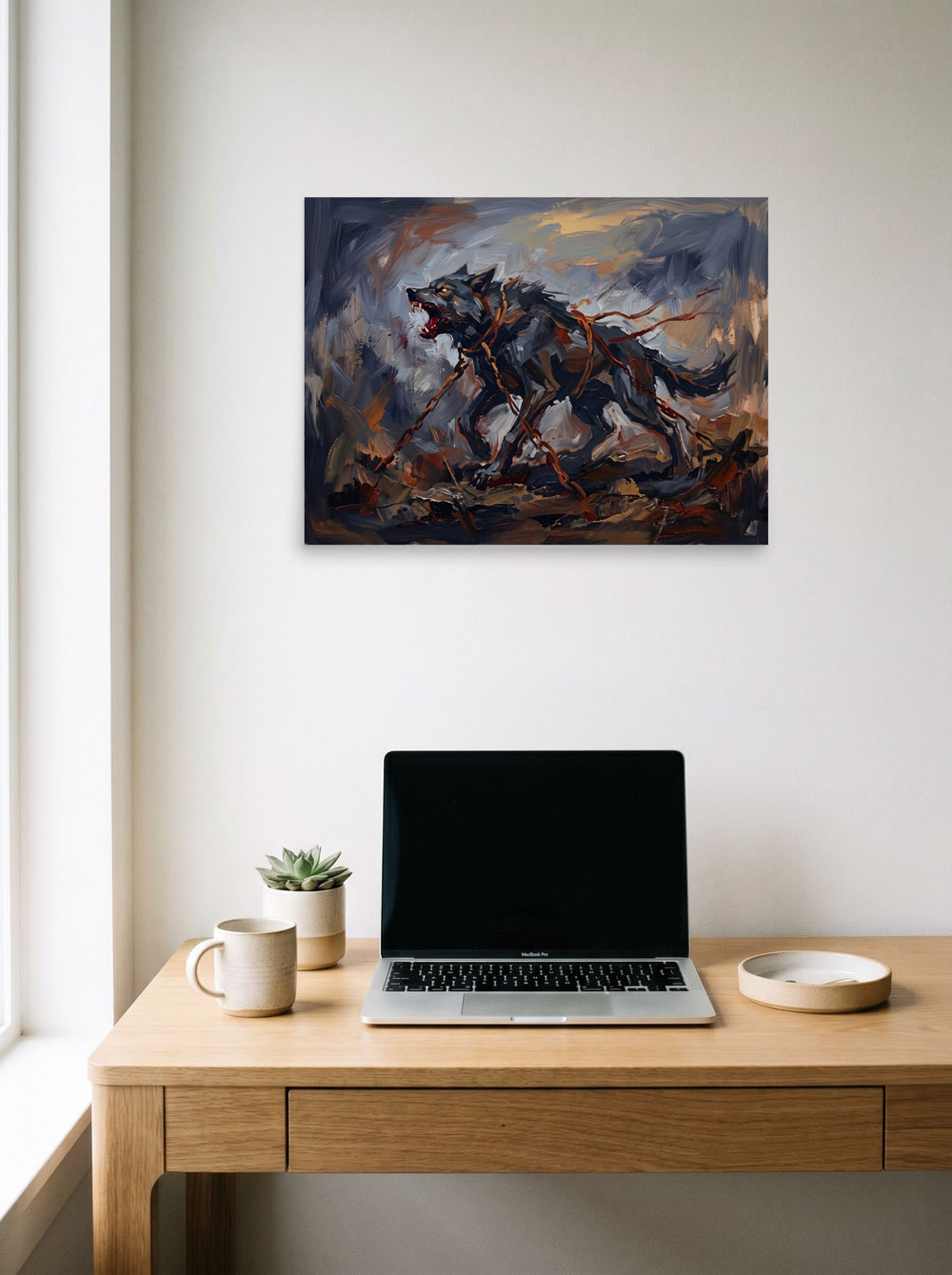 The Expressionism print 'The Bound Wolf', 24x18 inch unframed paper, styled above a home-office workspace.