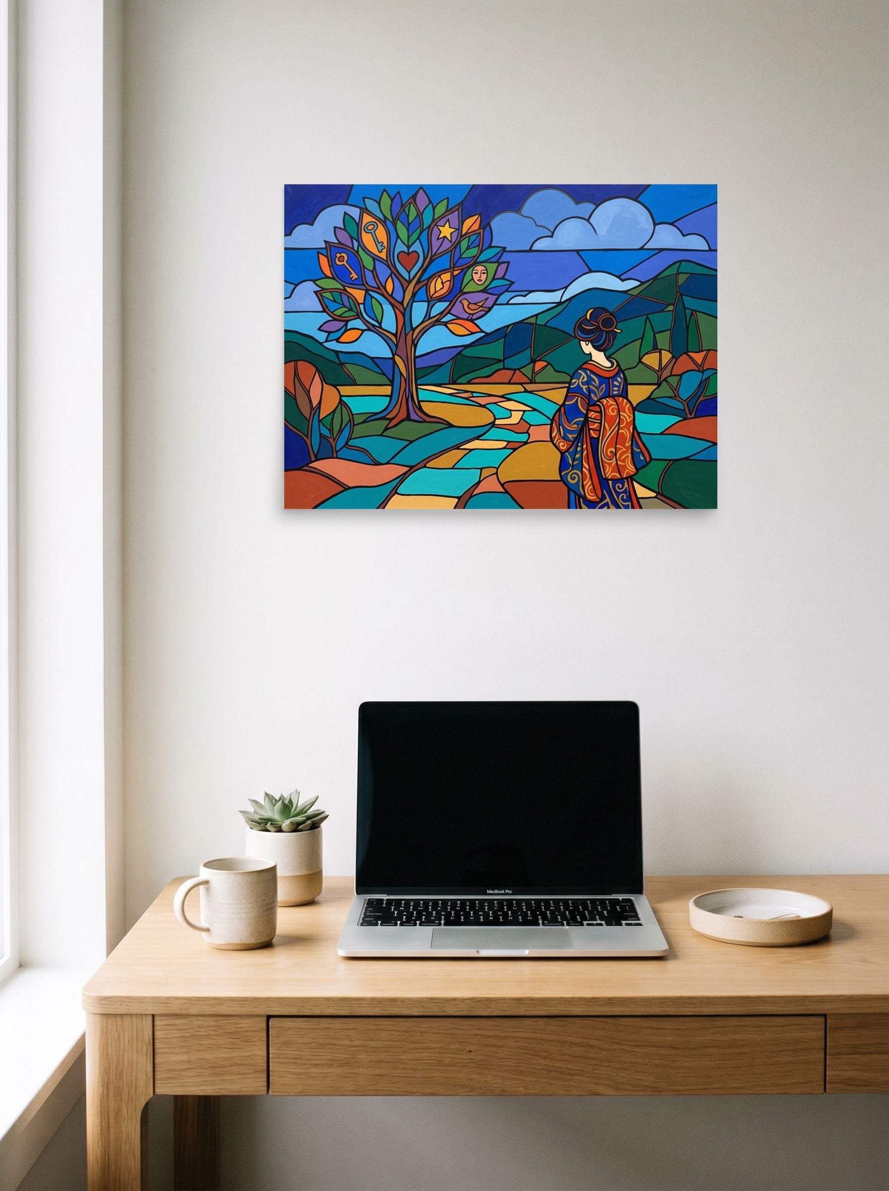 A 24x18 inch unframed paper Cloisonnism,Post-Impressionism print of 'Kimono in the Valley' hanging above a worktable with a laptop.