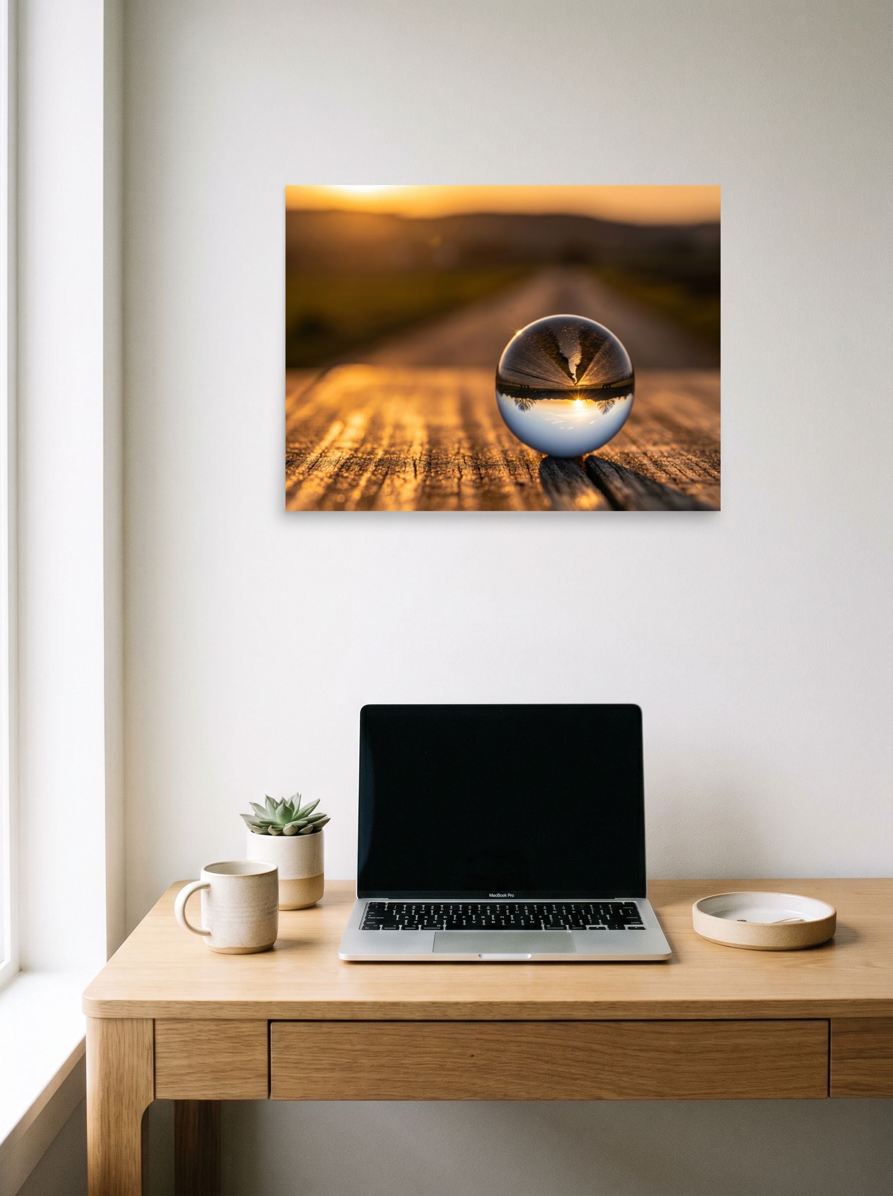 A 24x18 inch unframed paper Surrealism print of 'Inverted Sunset' hanging above a worktable with a laptop.
