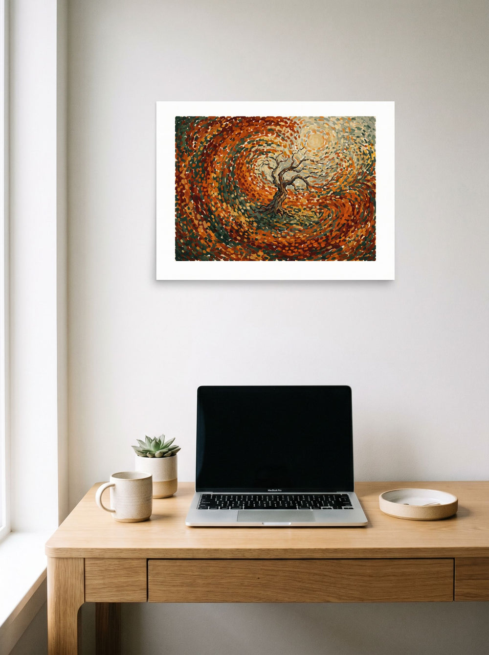 'Autumn's Embrace' displayed over a compact desk setup, printed as unframed paper at 24x18 inch.