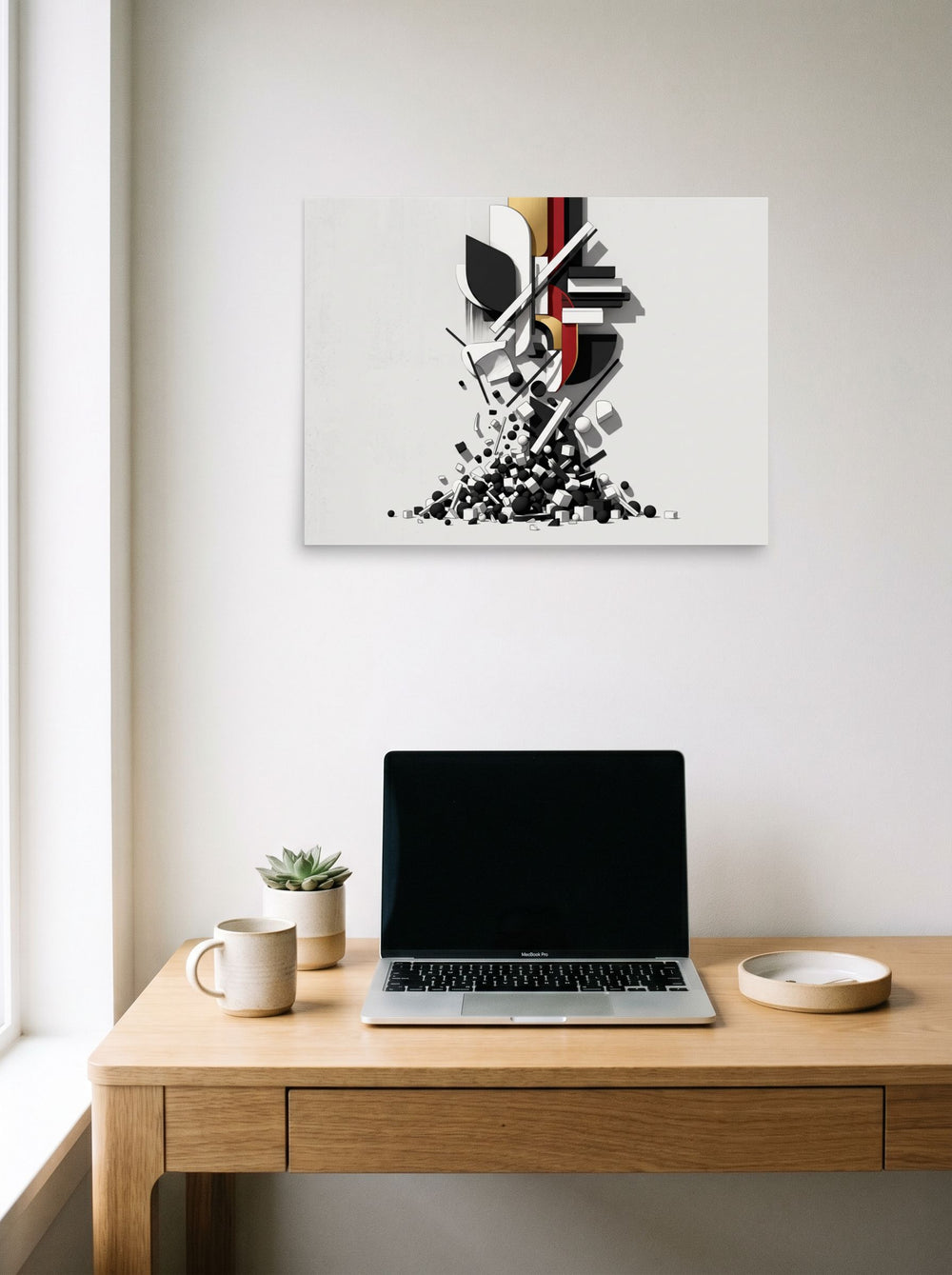 'Cascading Geometric Construct' styled above a home-office workspace, printed as unframed paper at 24x18 inch.