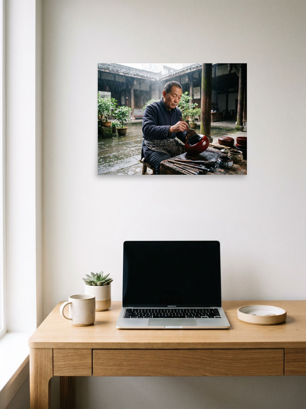 'The Lacquer Craftsman', a Art photography print styled above a home-office workspace. Shown as unframed paper, 24x18 inch.