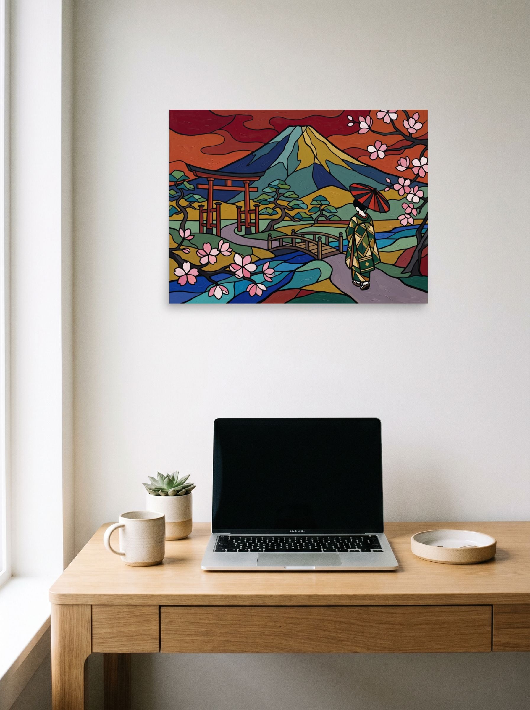 A 24x18 inch unframed paper Cloisonnism print of 'Spring at Mount Fuji' hanging above a worktable with a laptop.