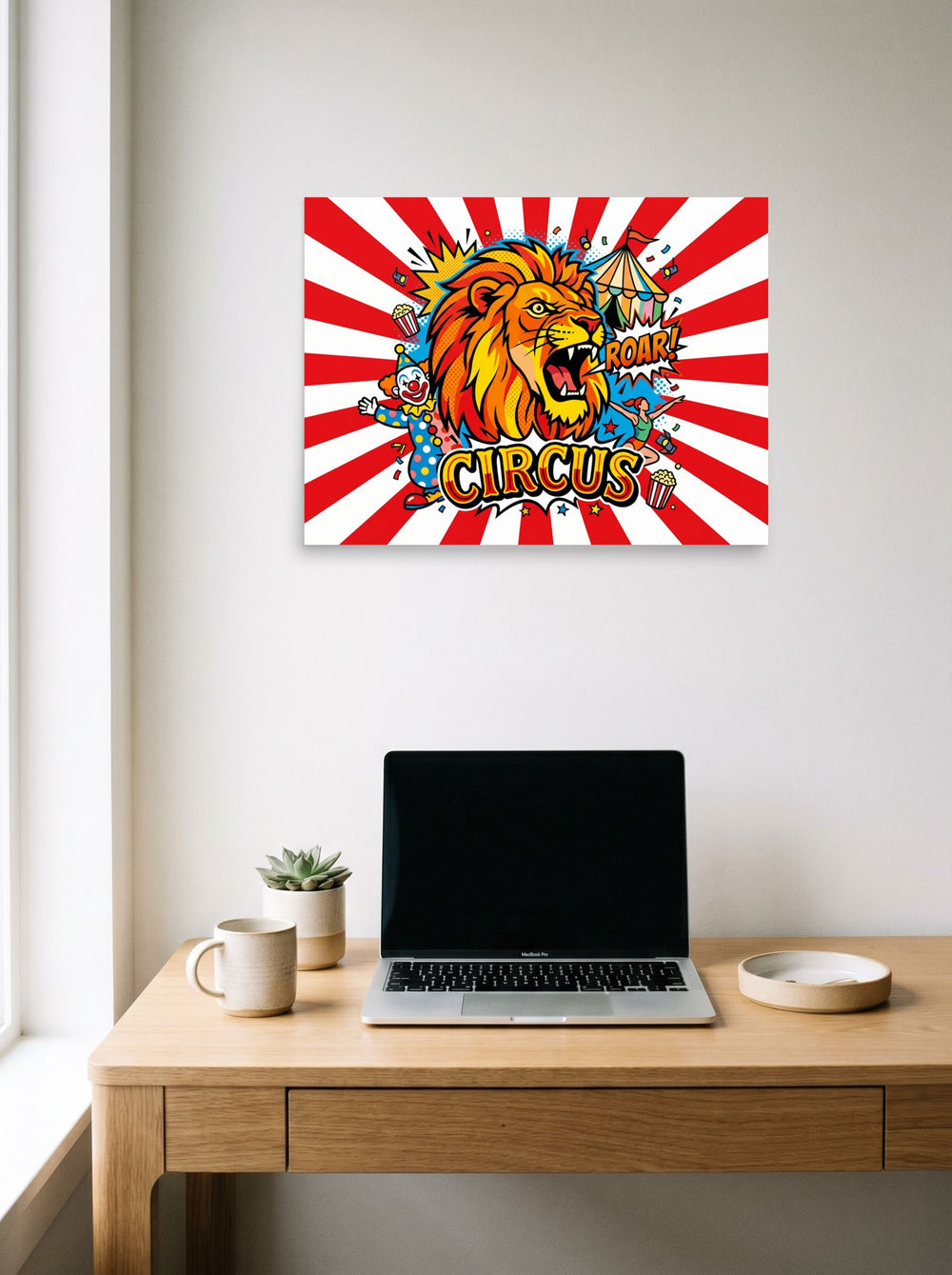 A 24x18 inch unframed paper Pop art print of 'Roar of the Circus' hanging above a worktable with a laptop.