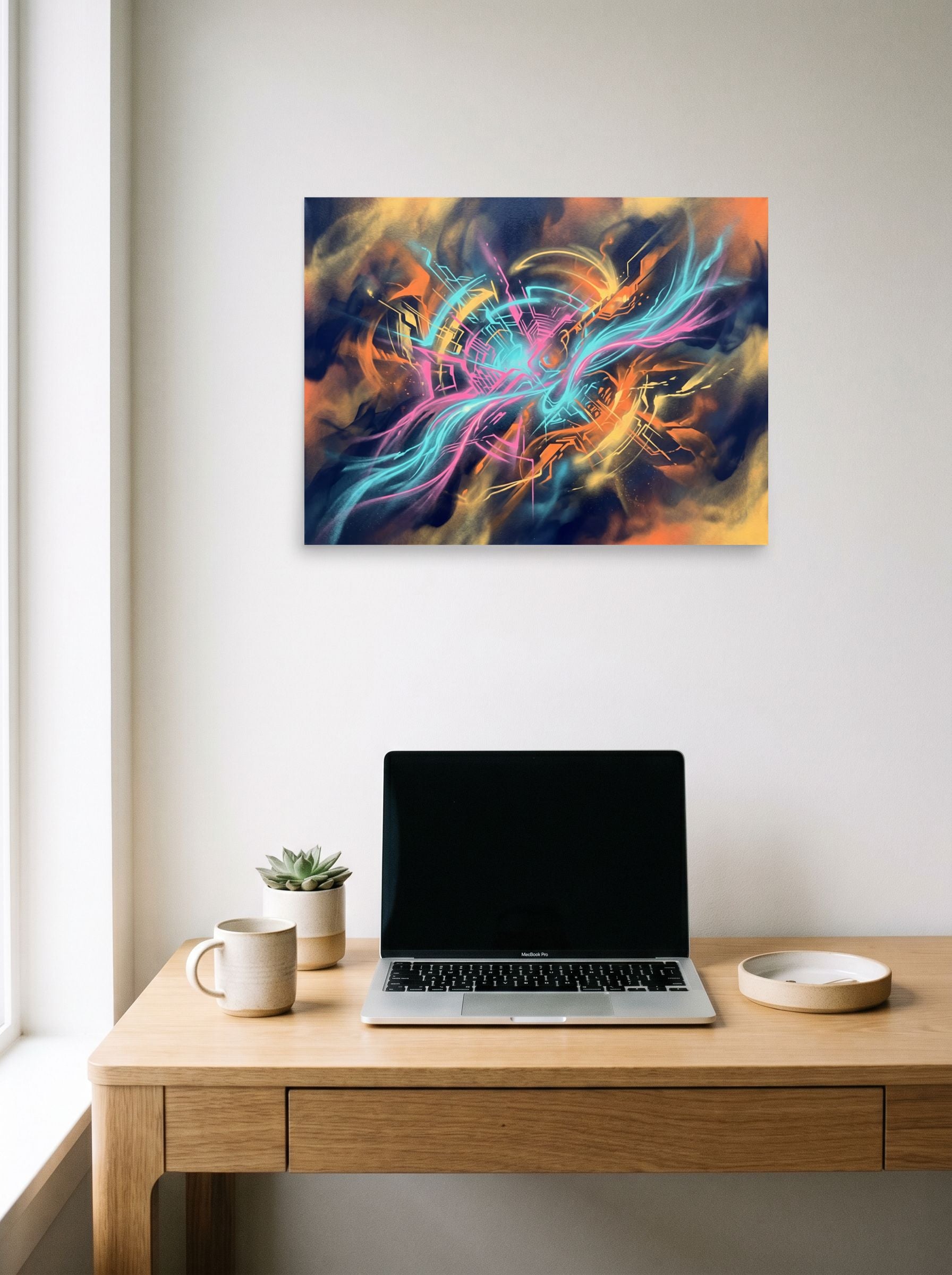 A 24x18 inch unframed paper Abstract art,Pop art print of 'Neon Core' hanging above a worktable with a laptop.