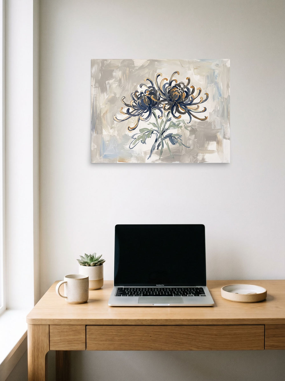 A 24x18 inch unframed paper version of 'Midnight Chrysanthemums', Impressionism wall art, styled above a home-office workspace.