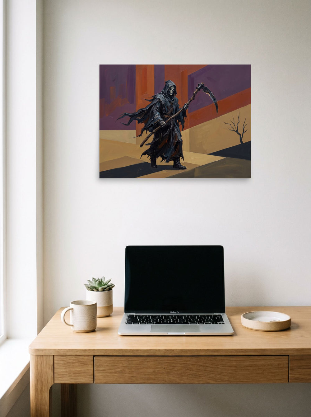 A 24x18 inch unframed paper Expressionism print of 'Passage of the Reaper', styled above a home-office workspace.