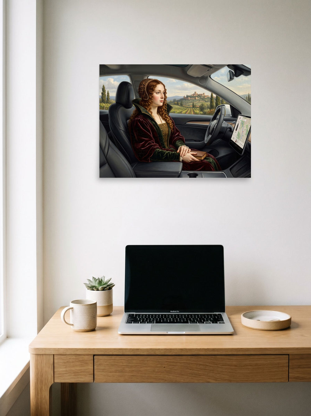 unframed paper wall art 'Autopilot in Tuscany' styled above a home-office workspace, at 24x18 inch.