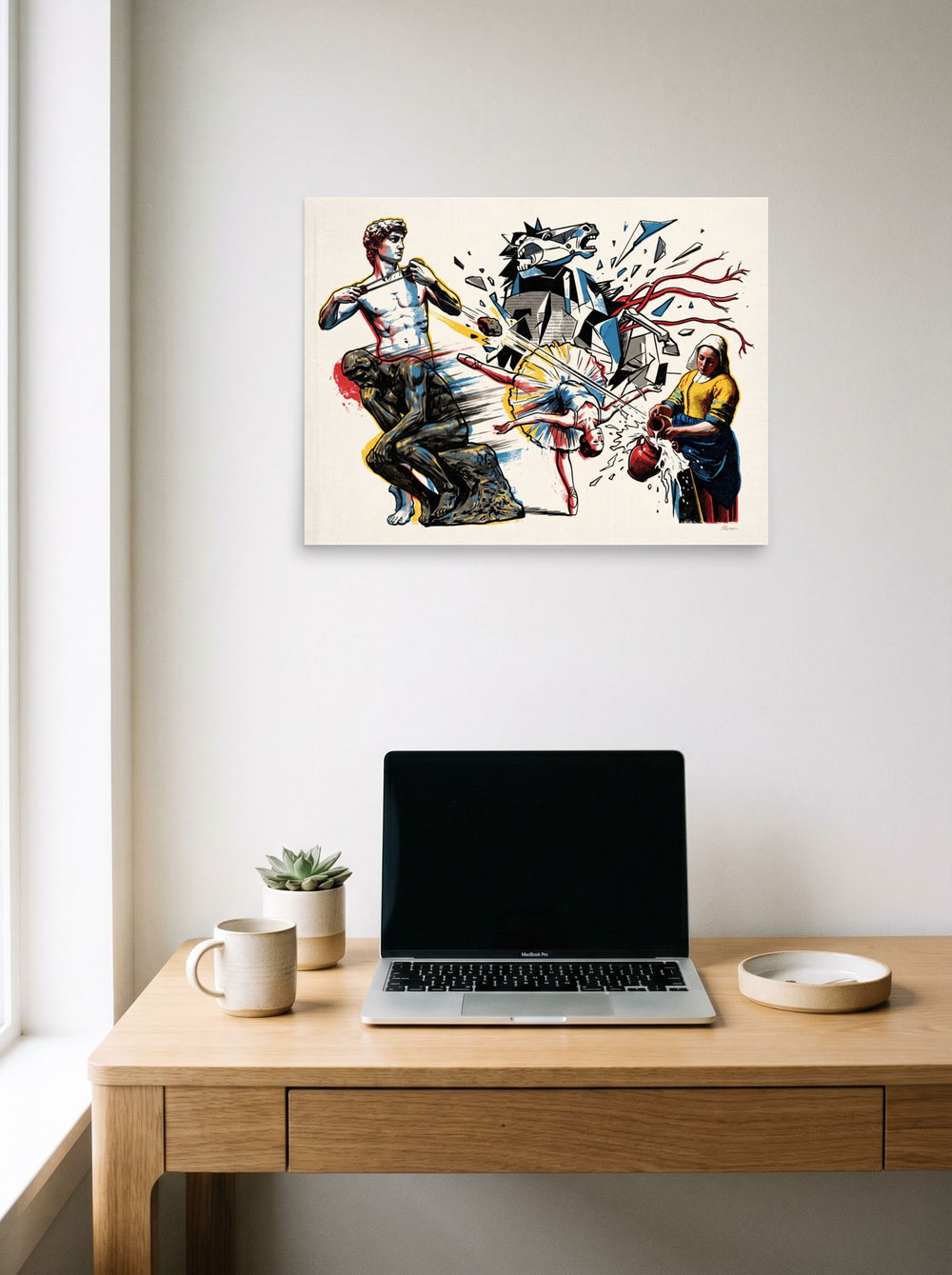 'Masterpiece Action' as a unframed paper print, 24x18 inch, displayed over a compact desk setup.