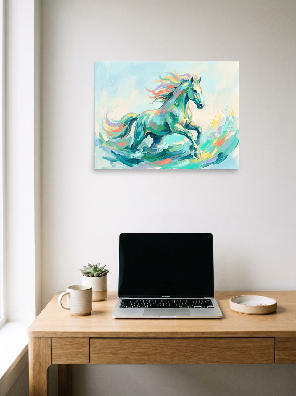 A 24x18 inch unframed paper Impressionism print of 'Wave Runner', hanging above a worktable with a laptop.