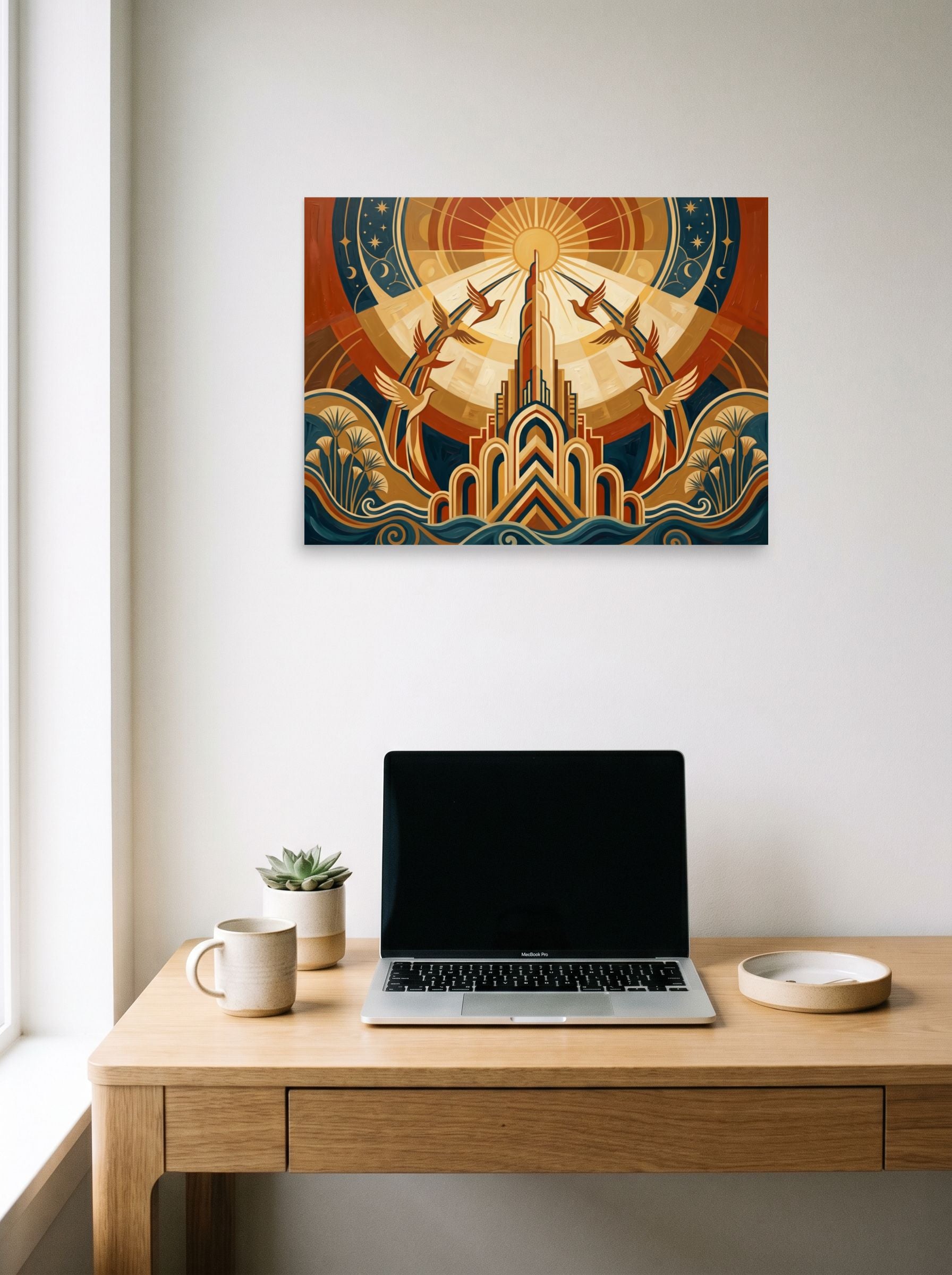 A 24x18 inch unframed paper Art Deco print of 'Deco Sunrise Flight' hanging above a worktable with a laptop.