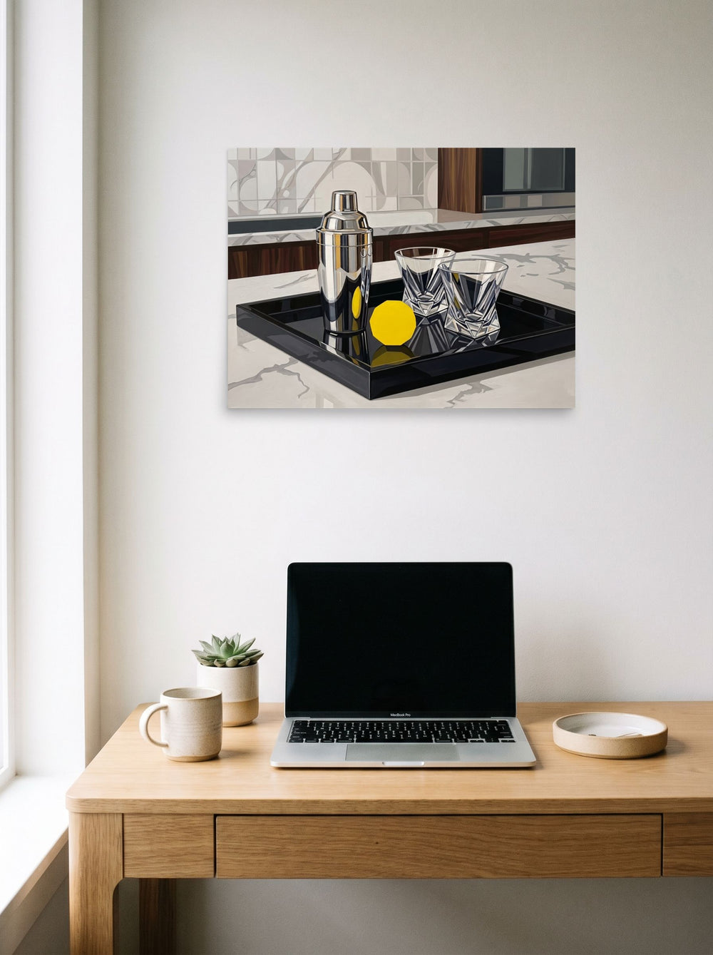 A 24x18 inch unframed paper Art Deco print of 'The Evening Cocktail' hanging above a worktable with a laptop.