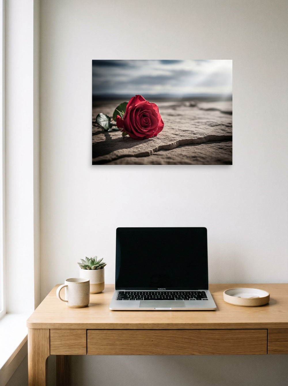 A 24x18 inch unframed paper Art photography print of 'Red Rose on Stone' hanging above a worktable with a laptop.
