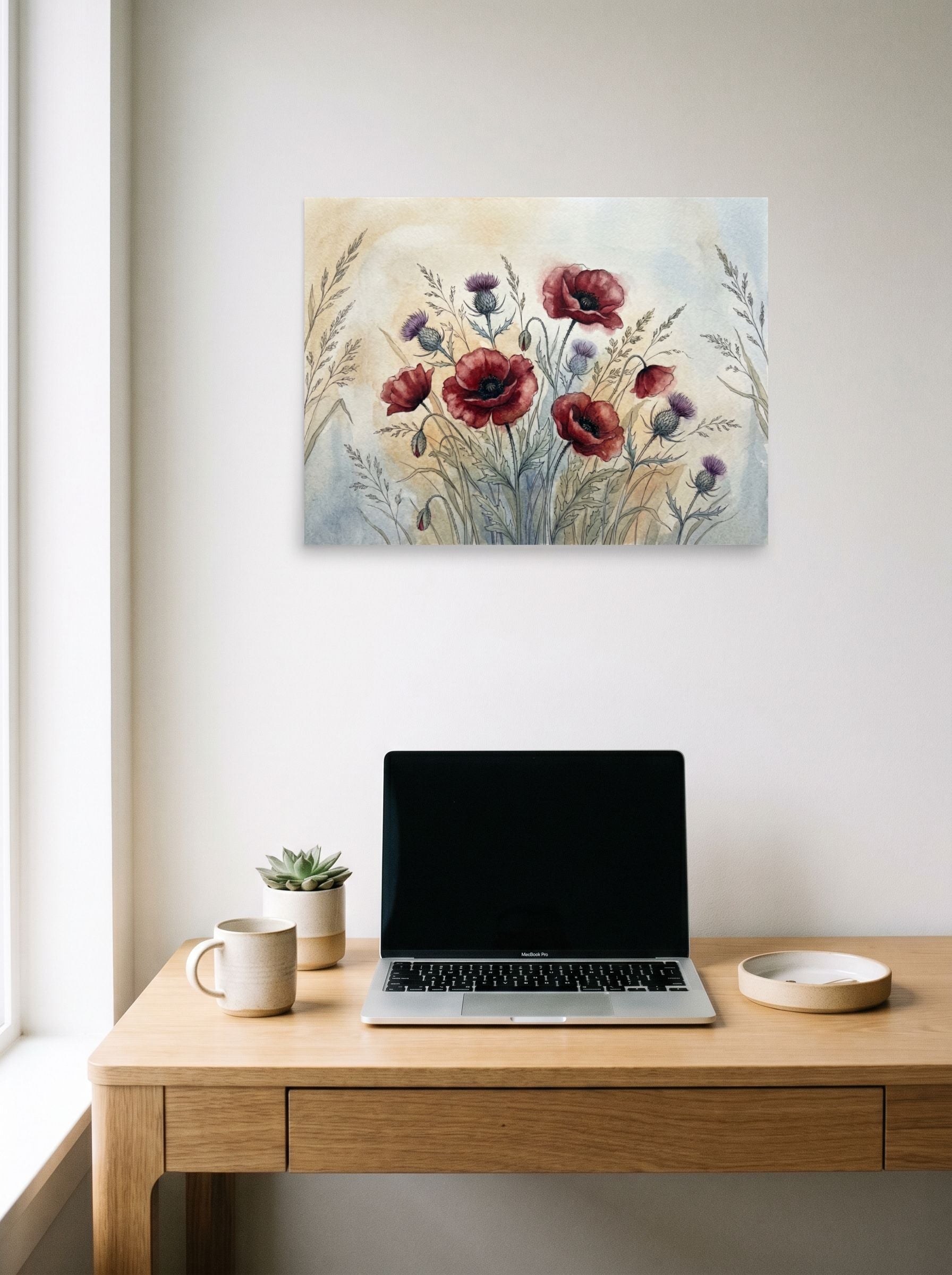 A 24x18 inch unframed paper Realism print of 'Wildflower Medley' hanging above a worktable with a laptop.
