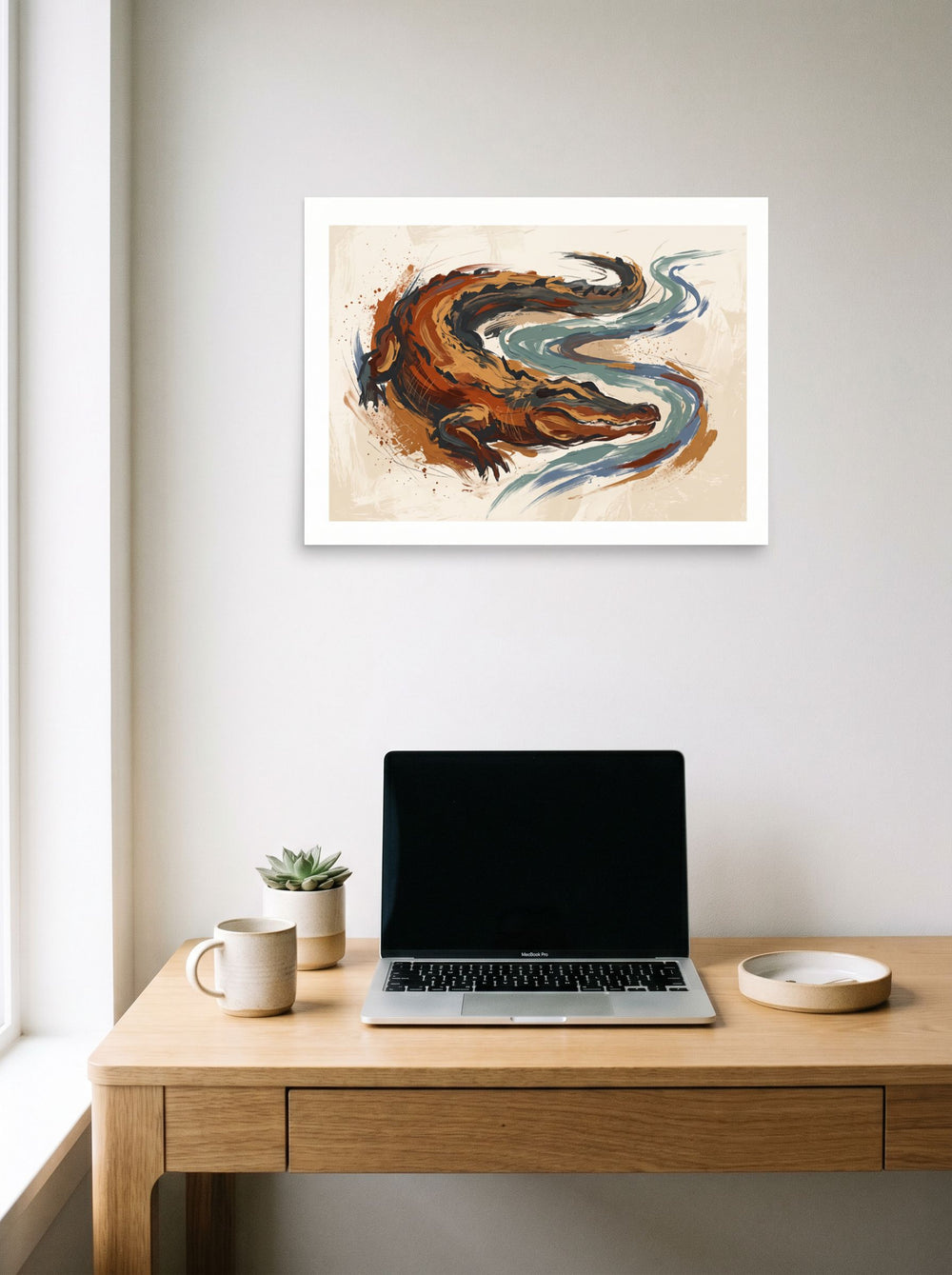 'The Primal Current' displayed over a compact desk setup. A 24x18 inch unframed paper Expressionism print.