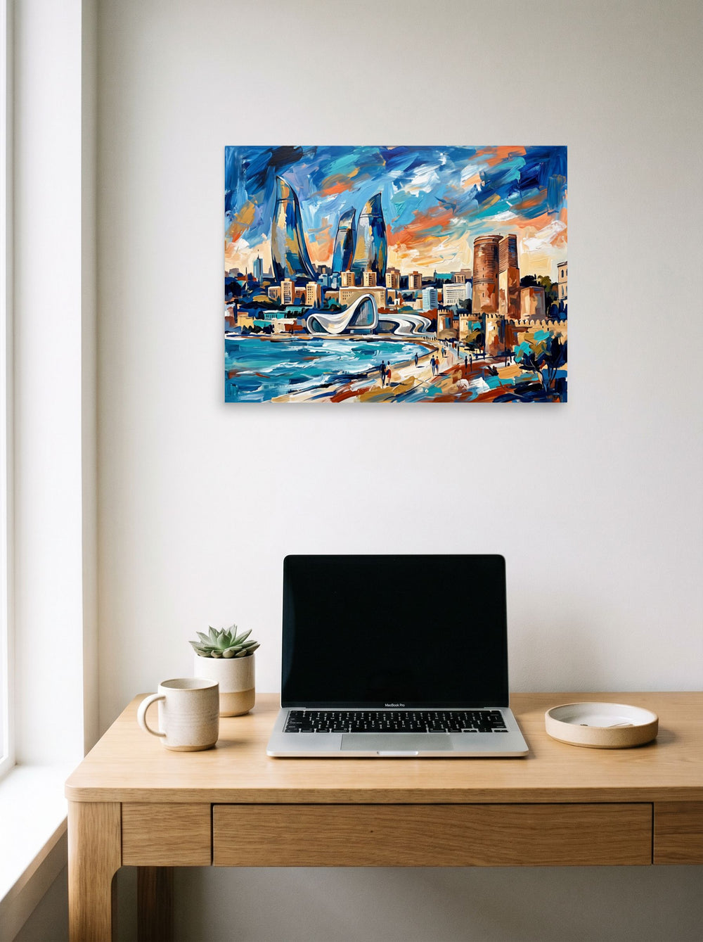 Mockup of 'City of Flames' as a 24x18 inch unframed paper print, displayed over a compact desk setup.