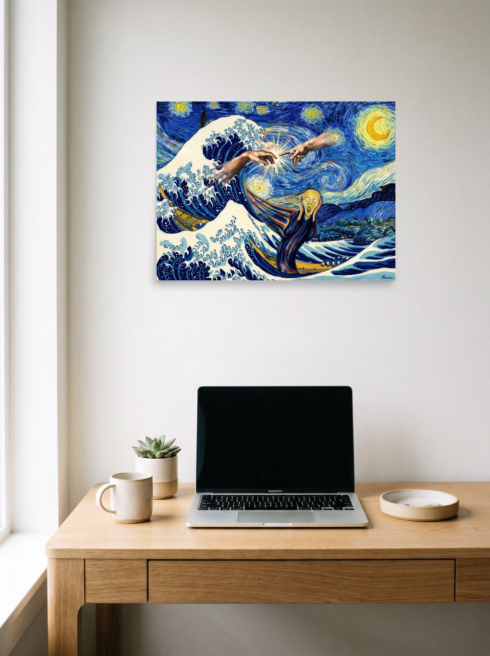 The Post-Impressionism print 'Cosmic Collision of Masterpieces', 24x18 inch unframed paper, displayed over a compact desk setup.