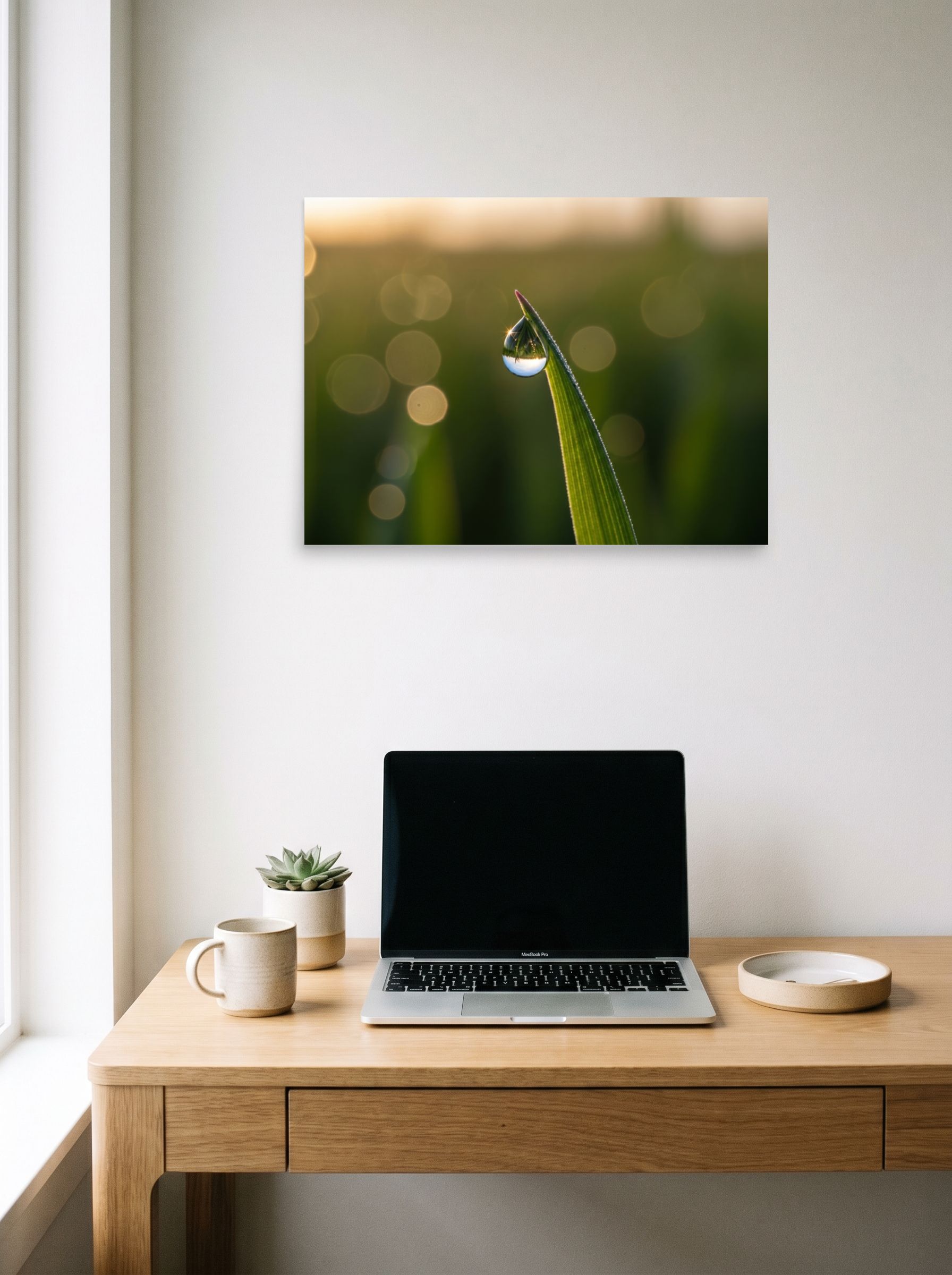 A 24x18 inch unframed paper Art photography print of 'World in a Drop' hanging above a worktable with a laptop.
