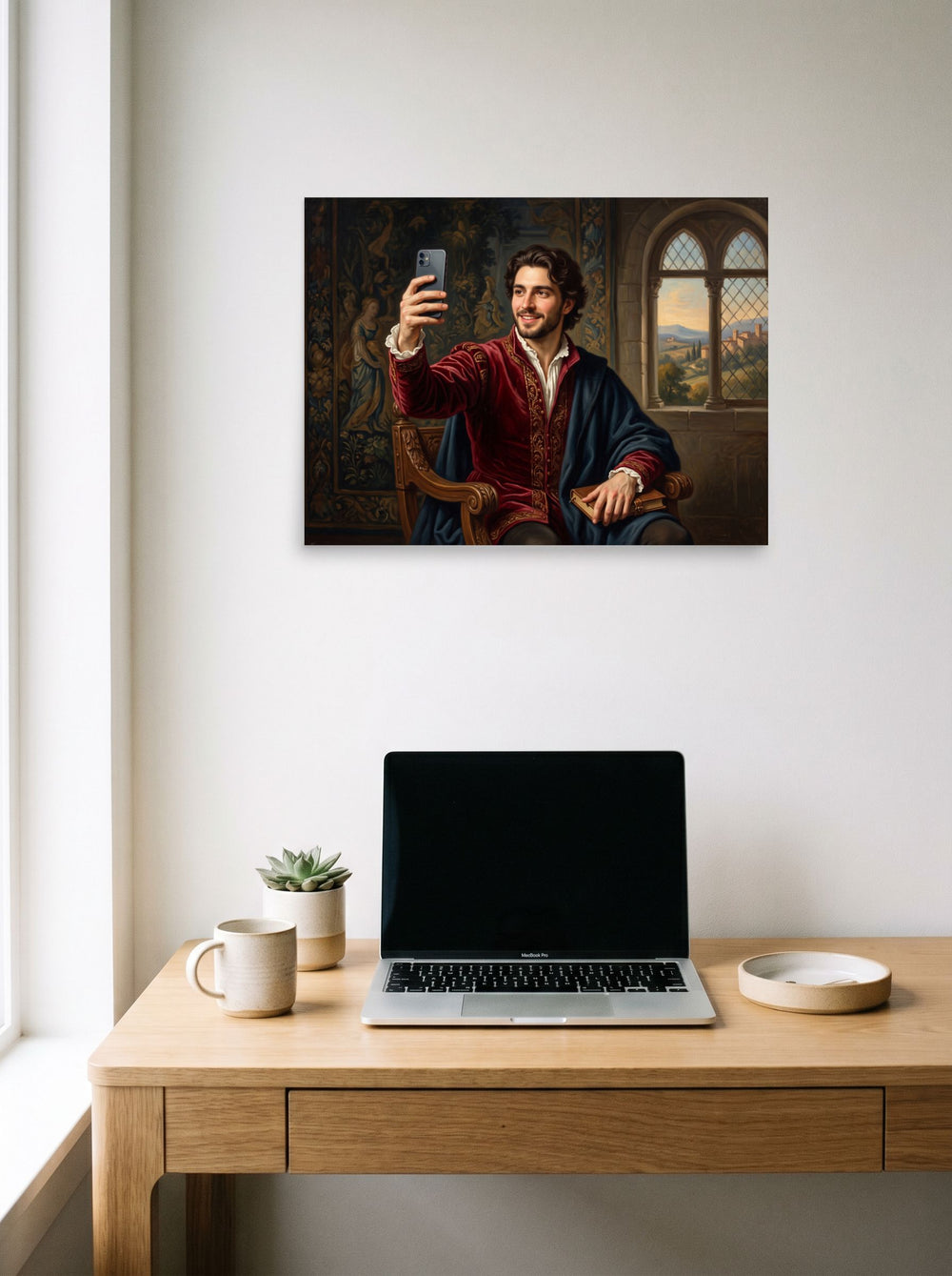 See 'The Courtly Selfie' as a unframed paper print (24x18 inch), displayed over a compact desk setup.