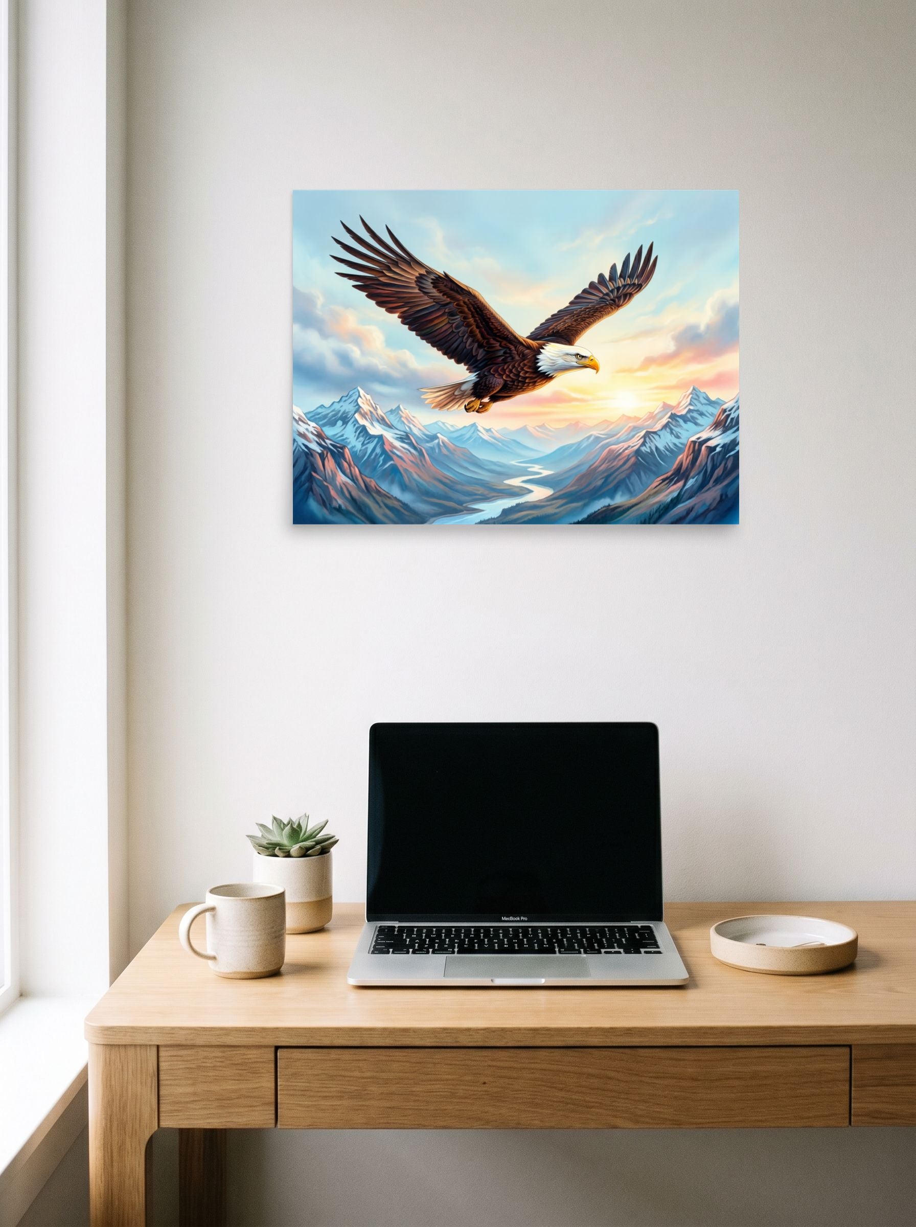 A 24x18 inch unframed paper Realism print of 'Valley Flight' hanging above a worktable with a laptop.